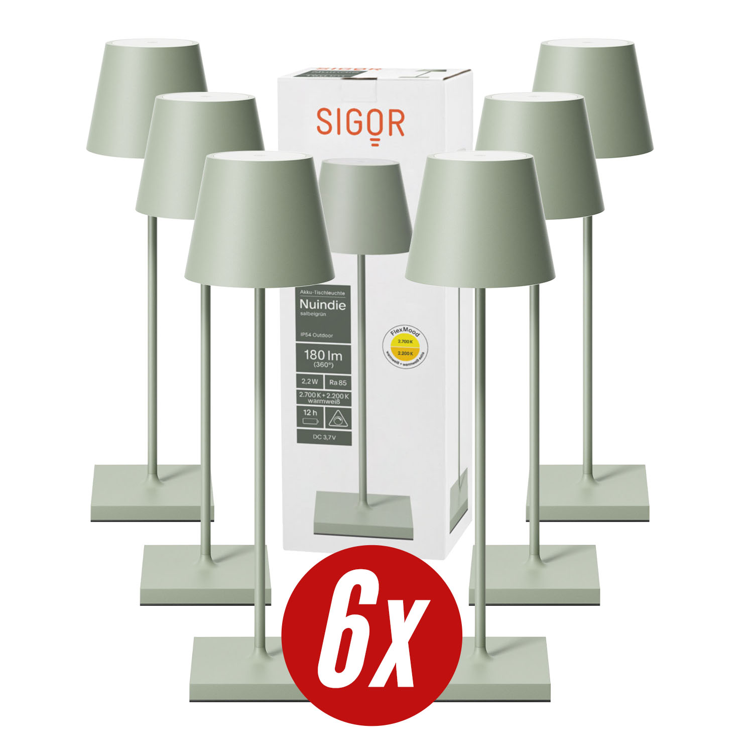 Sieben mintgrüne Lampen auf weißem Grund. Eine Schachtel zeigt eine Lampe und sagt "Nundie". Ein rotes 6x-Etikett.