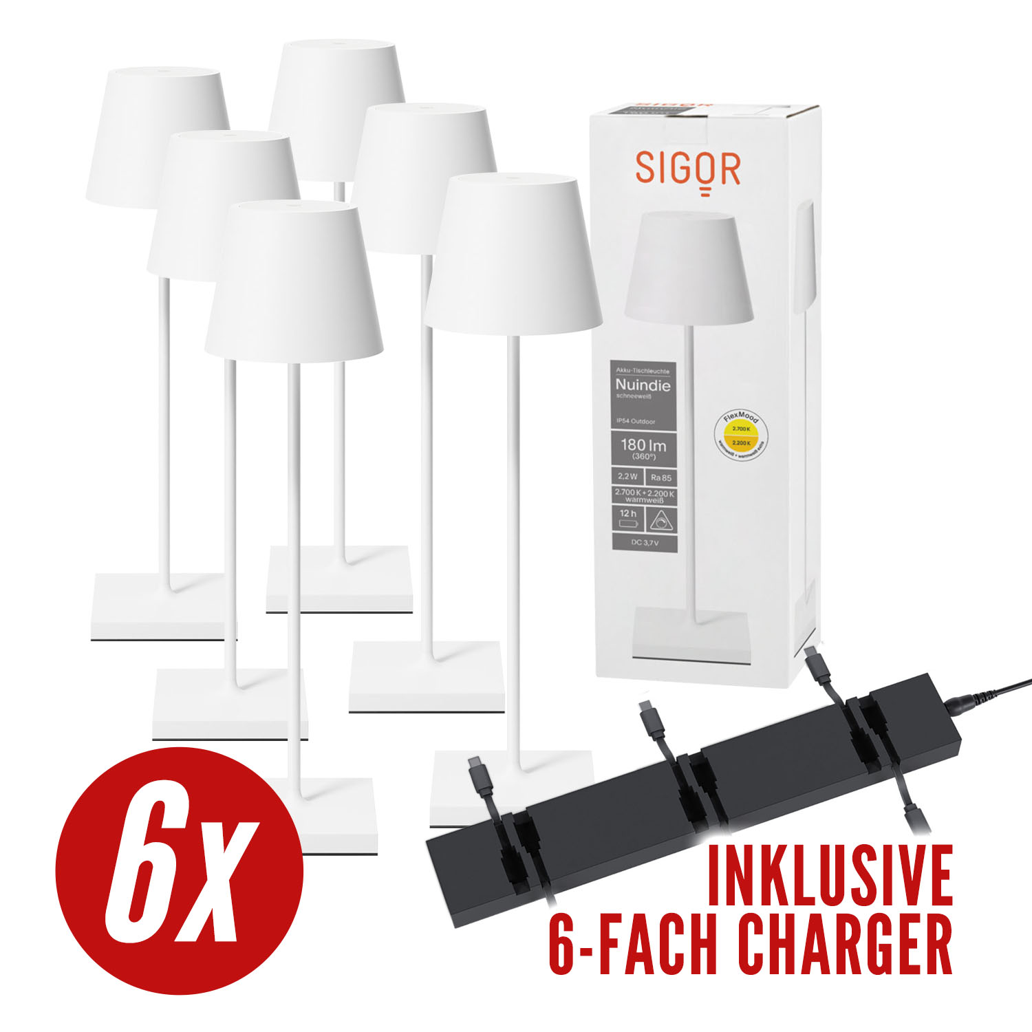 Sechs weiße Sigor-Tischlampen mit Ladegerät. Lampen haben weiße Schirme und Ständer.