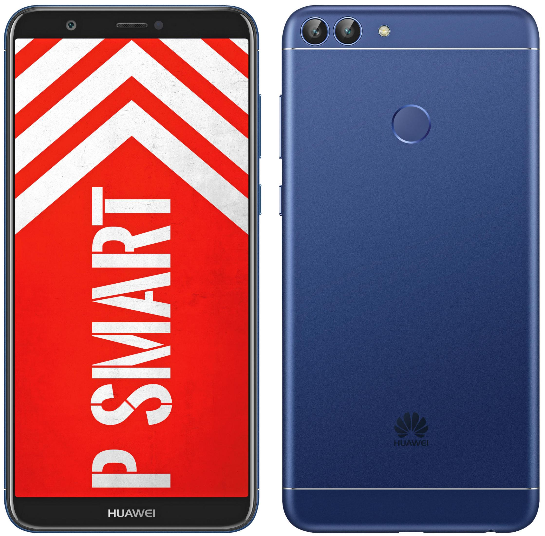 Ein blaues Smartphone zeigt ein rot-weißes Design. Die Rückseite ist blau mit zwei Kameras und einem Fingerabdruck.