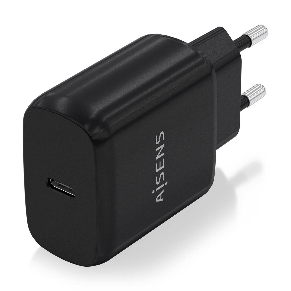 Adaptador de corriente Aisen negro con puerto USB-C y dos clavijas metálicas.