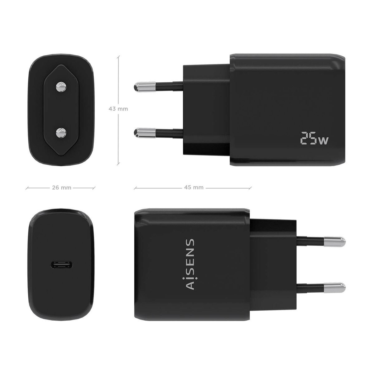 Cargador USB-C negro de 25W. Dimensiones mostradas: 26x43mm y 45mm.