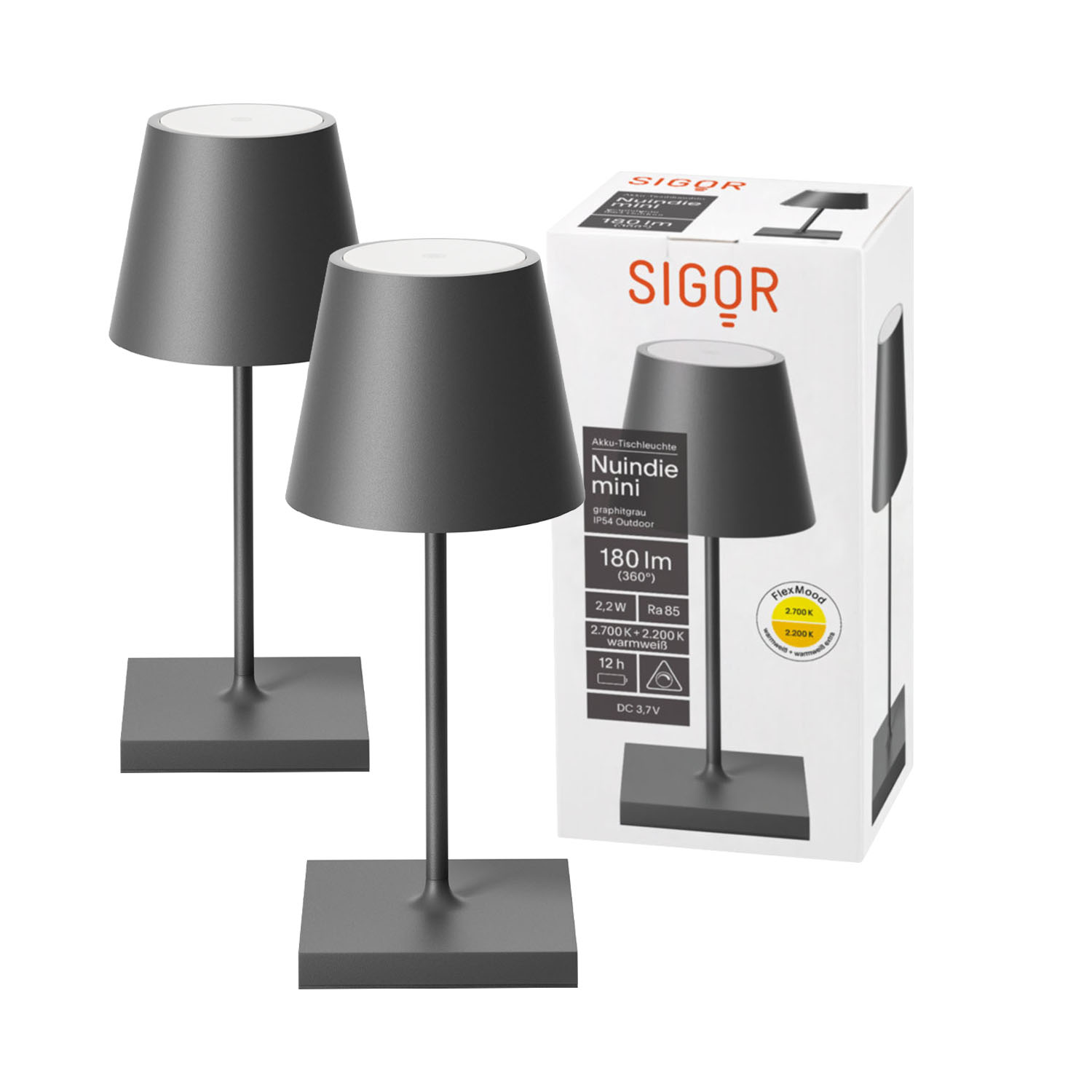 Zwei graue Tischlampen, mit einer Box im Hintergrund. Die Lampen sind zylindrisch mit quadratischem Fuß.