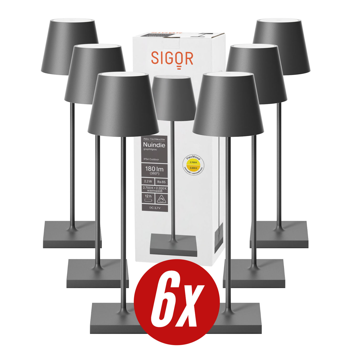 Set aus sechs schwarzen Lampen auf weißer Oberfläche mit einer Box.