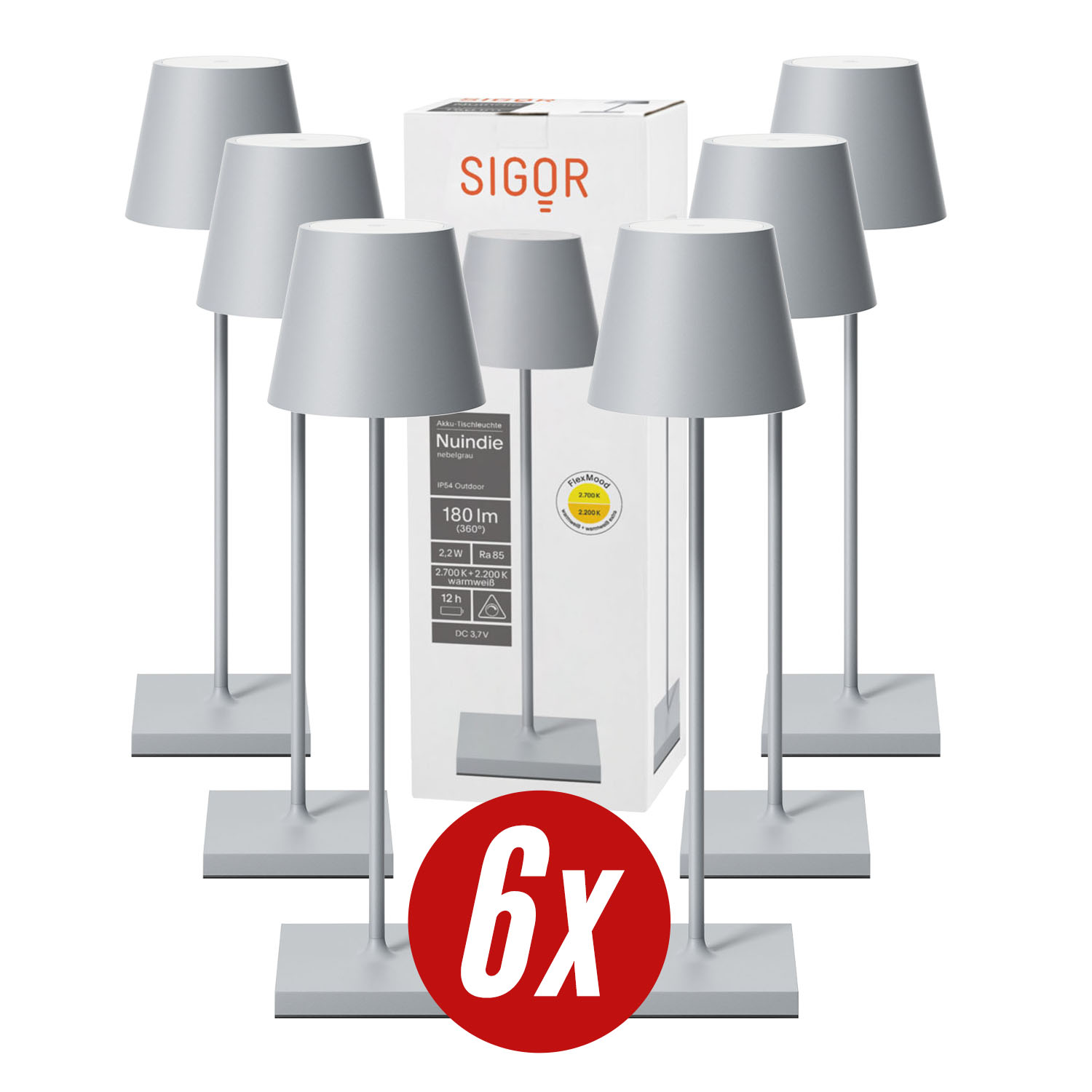 Ein Satz grauer Lampen mit einer weißen Box und einem roten '6x'-Etikett.
