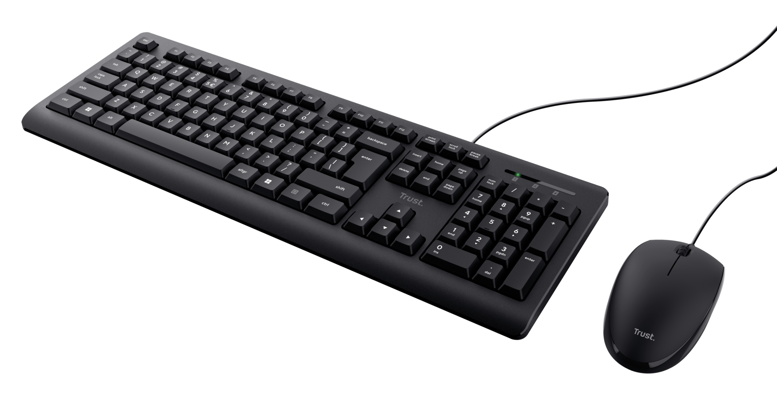 Czarna klawiatura z klawiaturą numeryczną i czarna mysz z logo 'Trust' na czarnym tle.