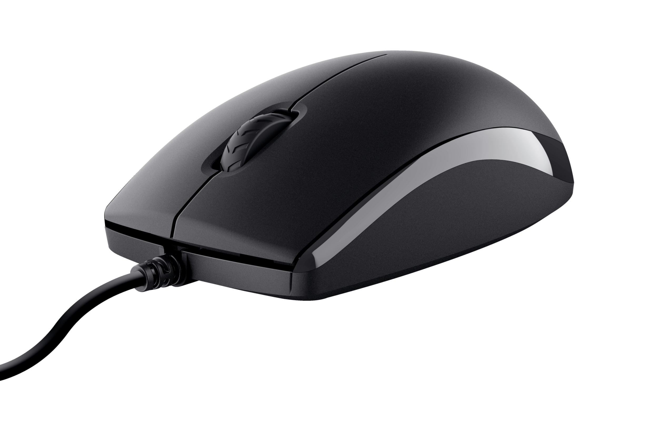 Czarna mysz komputerowa z kółkiem przewijania i przewodem, umieszczona na czarnym tle.