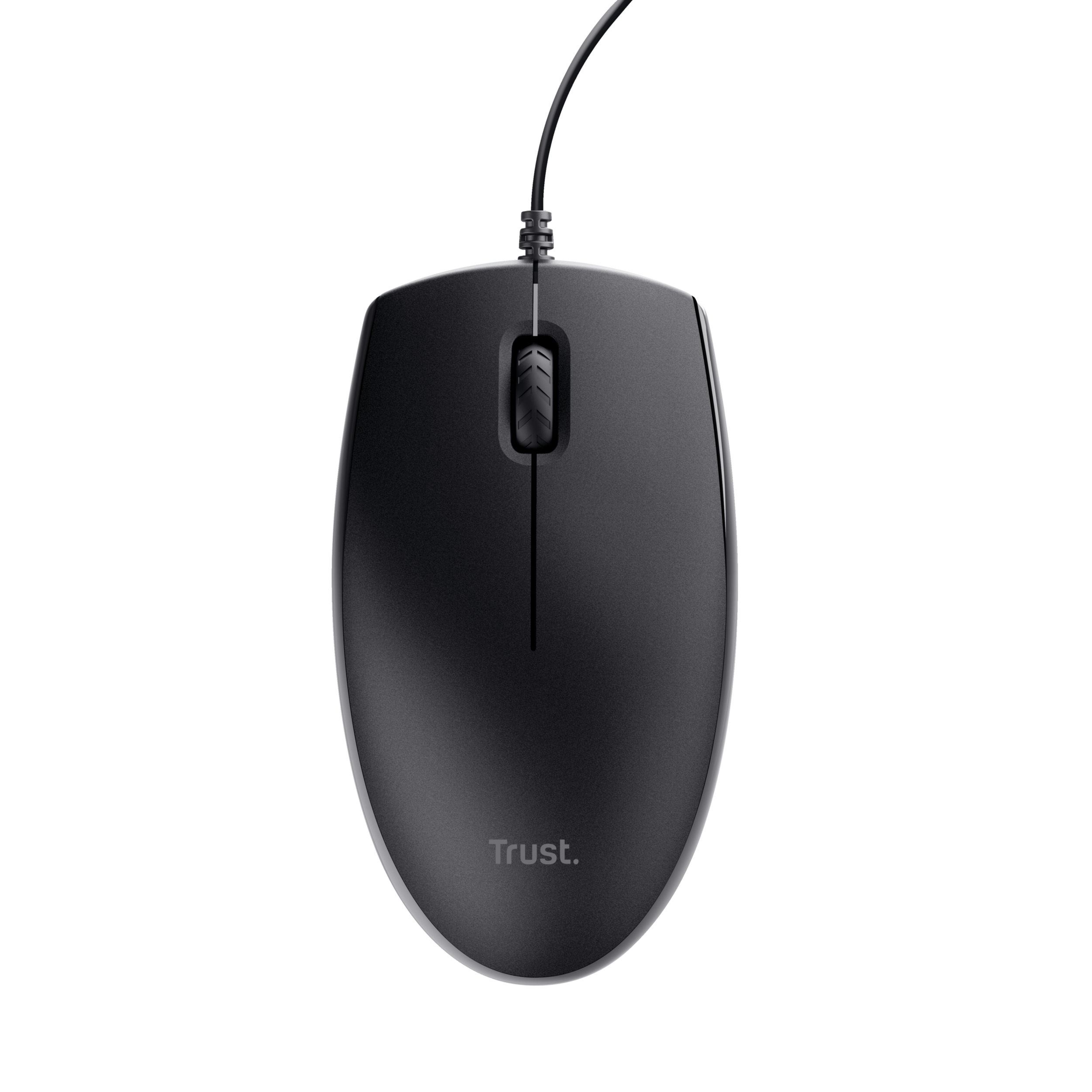 Czarna mysz komputerowa z kółkiem przewijania i kablem na czarnym tle.