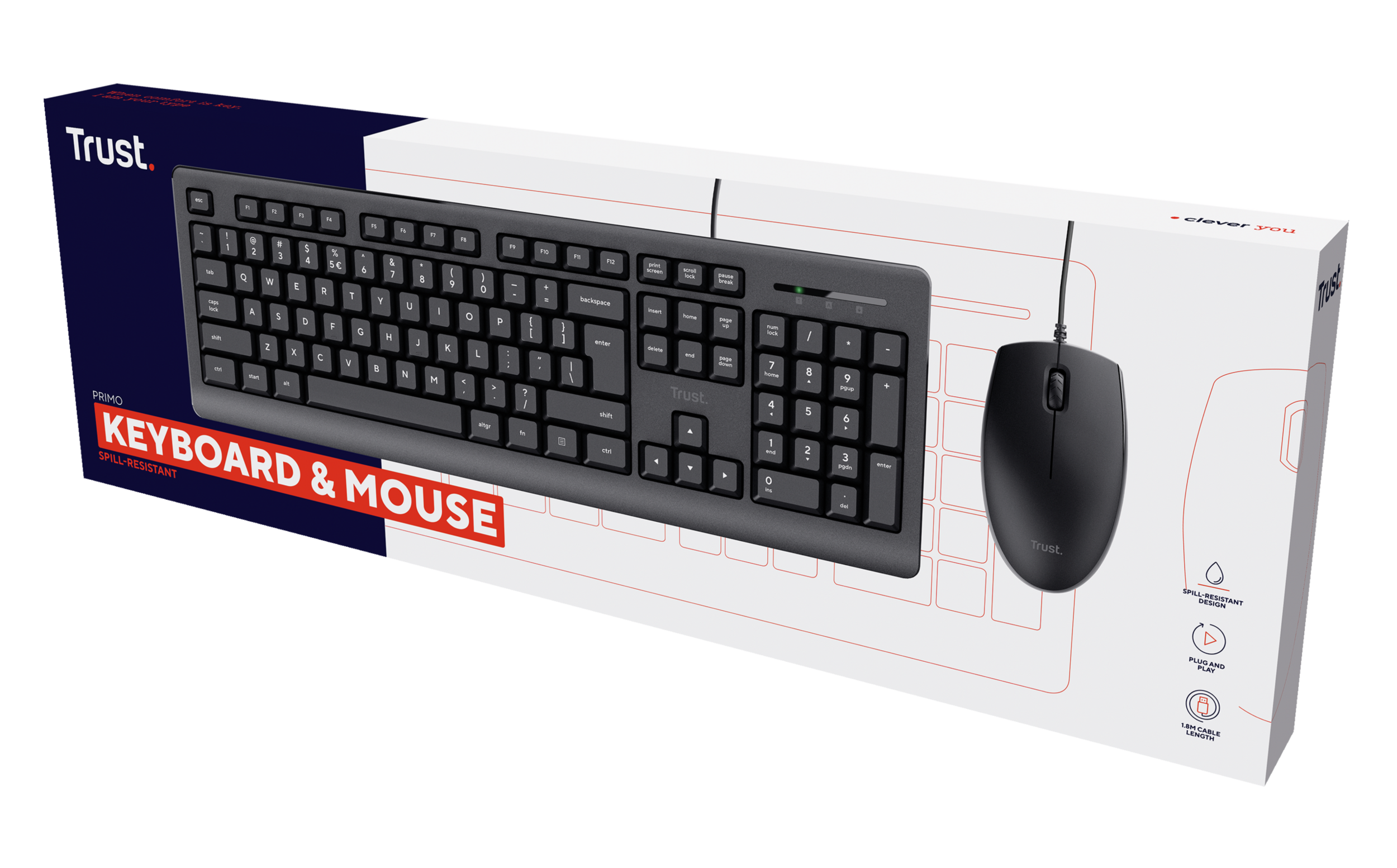 Zestaw klawiatura i mysz na pudełku. Czarny kolor, konstrukcja odporna na zalania.