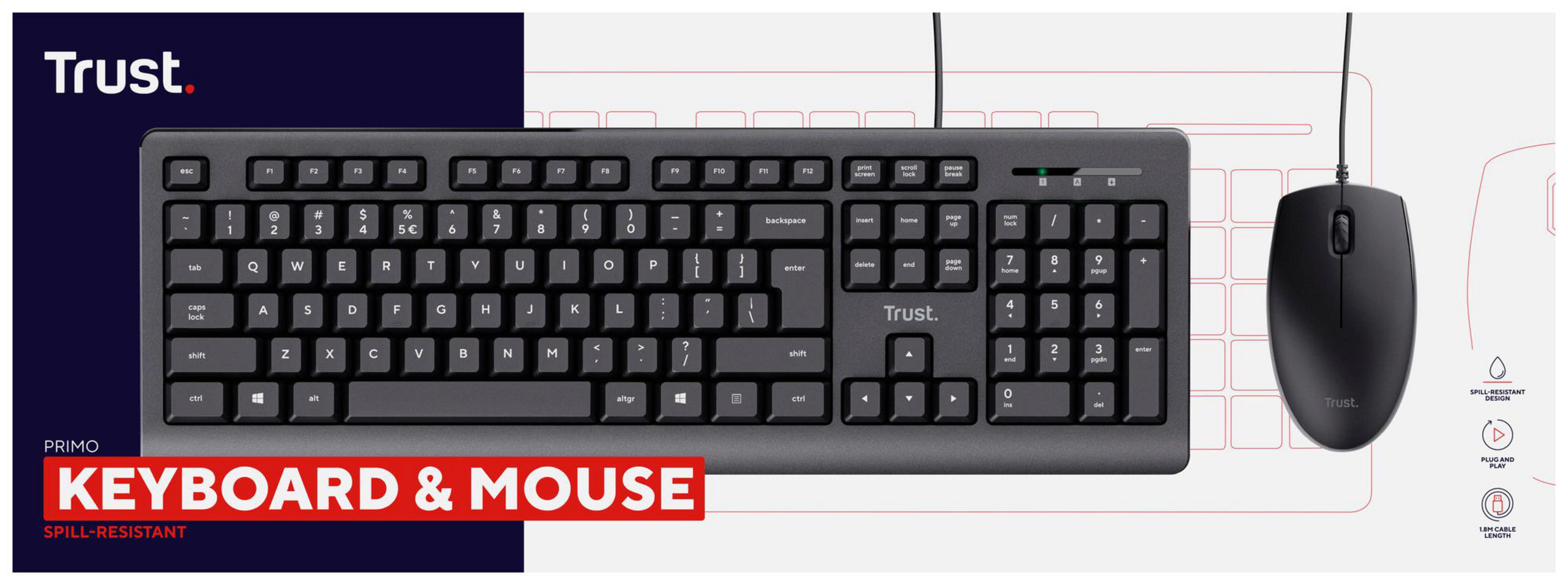 Czarny zestaw klawiatury i myszy na czarnym i niebieskim tle. Marka Trust.