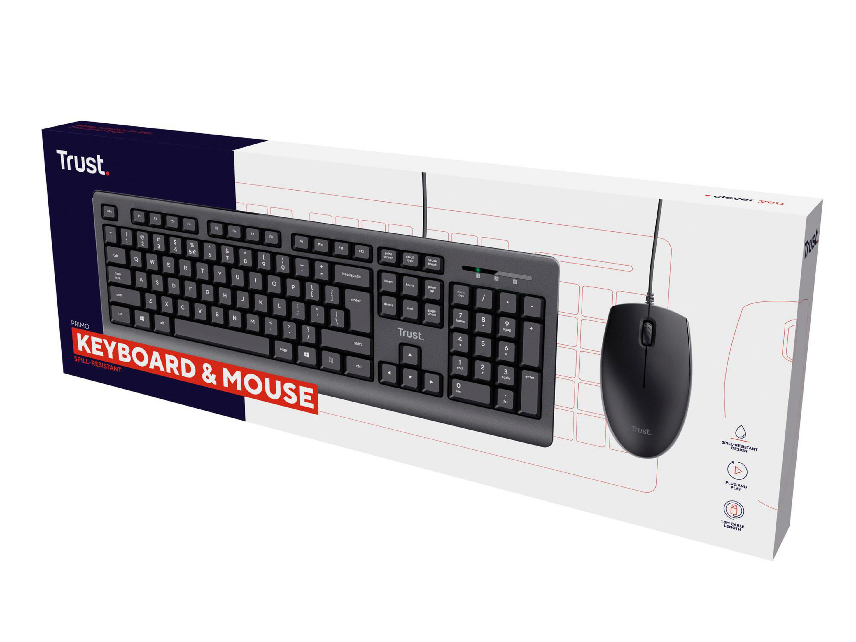 Zestaw klawiatura i mysz w pudełku z tekstem i diagramem z boku.