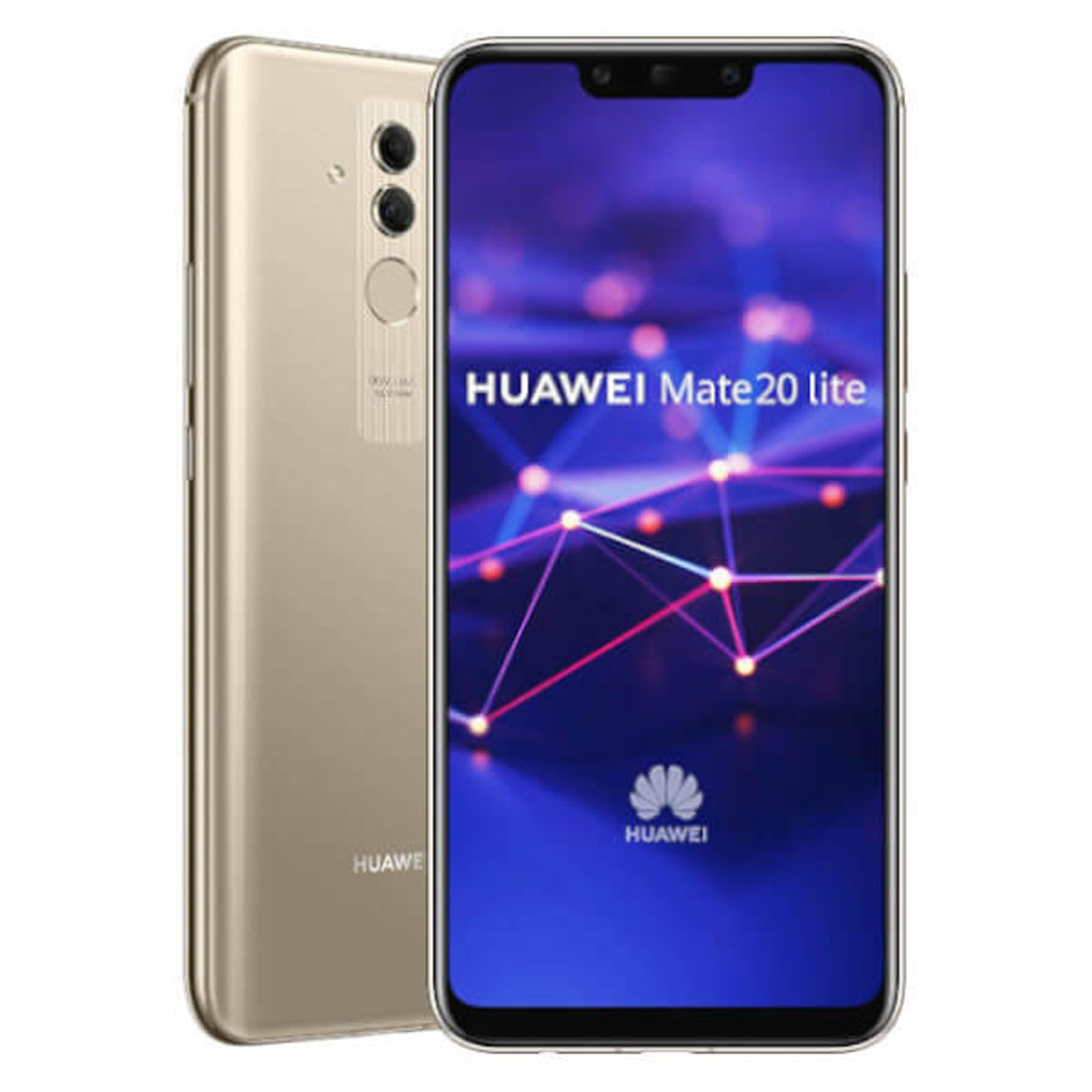 Złoty smartfon z trzema aparatami, wyświetlający logo Huawei i technologiczny design.