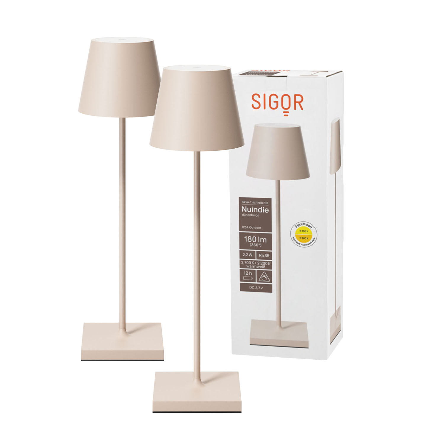 Zwei beige Lampen mit quadratischen Sockeln und Lampenschirmen stehen auf einer weißen Oberfläche. Eine Box mit Produktinformationen ist daneben.