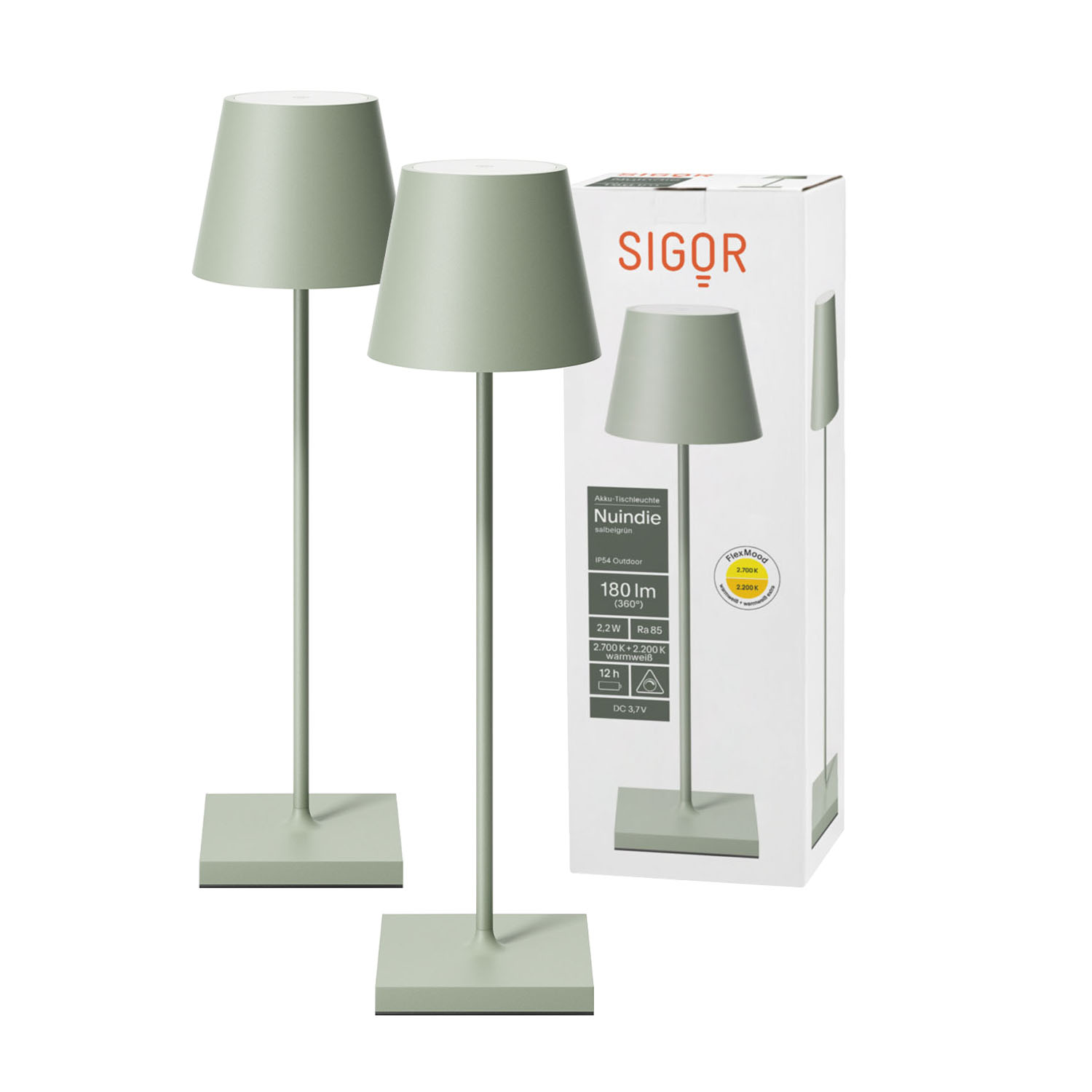 Zwei salbeigrüne Tischlampen mit einer Box. Jede Lampe hat einen quadratischen Sockel und einen kegelförmigen Lampenschirm.