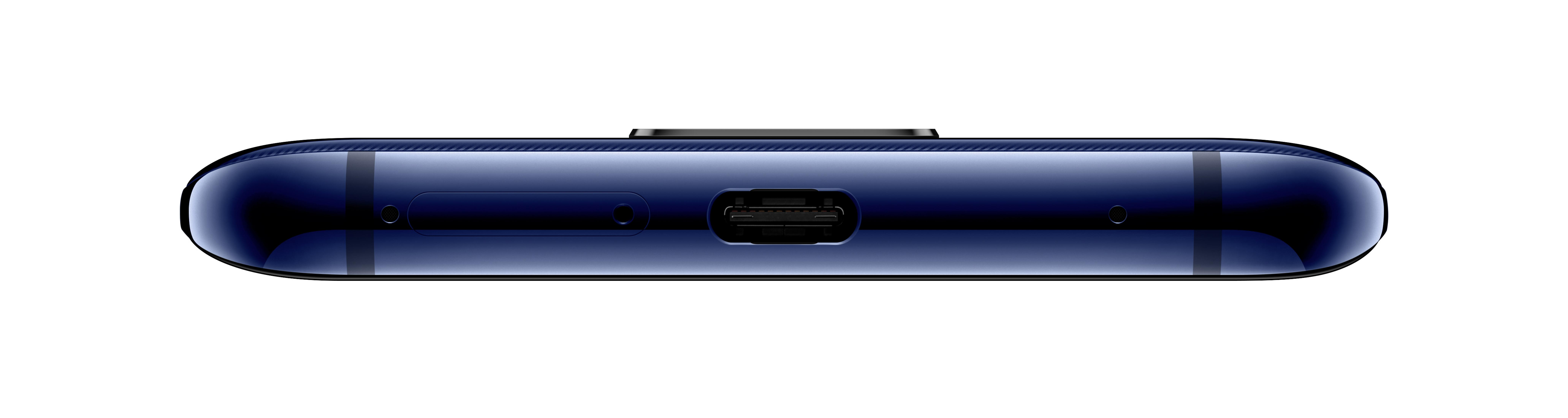 Zbliżenie dolnej krawędzi niebieskiego telefonu, pokazujące port ładowania i otwory głośnika.