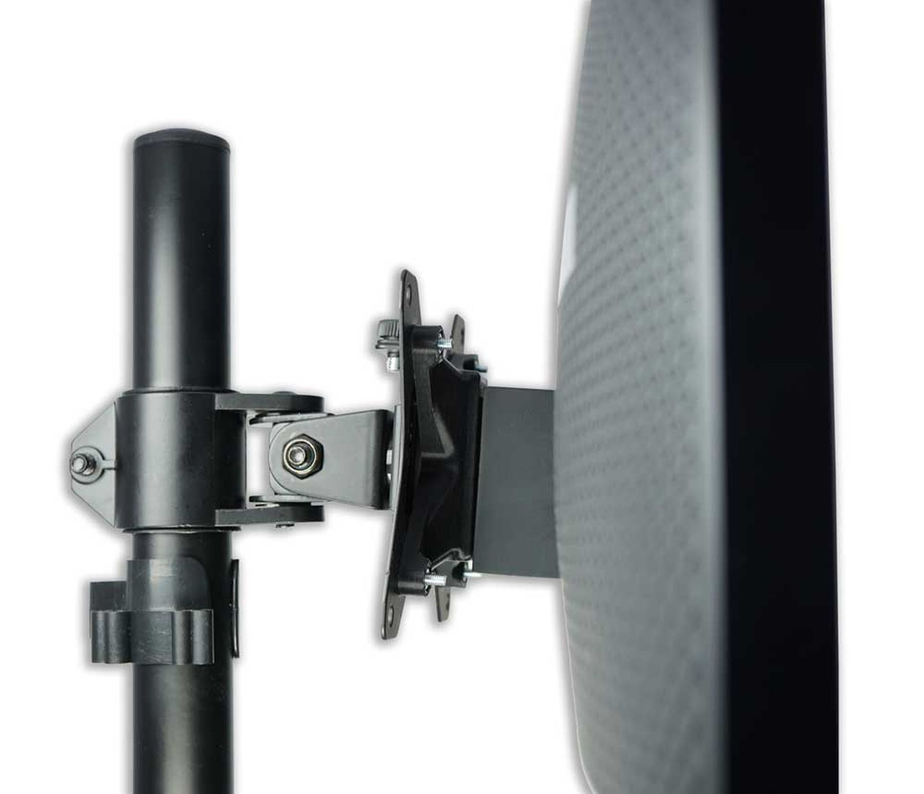 Eine schwarze Monitorhalterung, die an einer schwarzen Stange und einem Monitor befestigt ist.