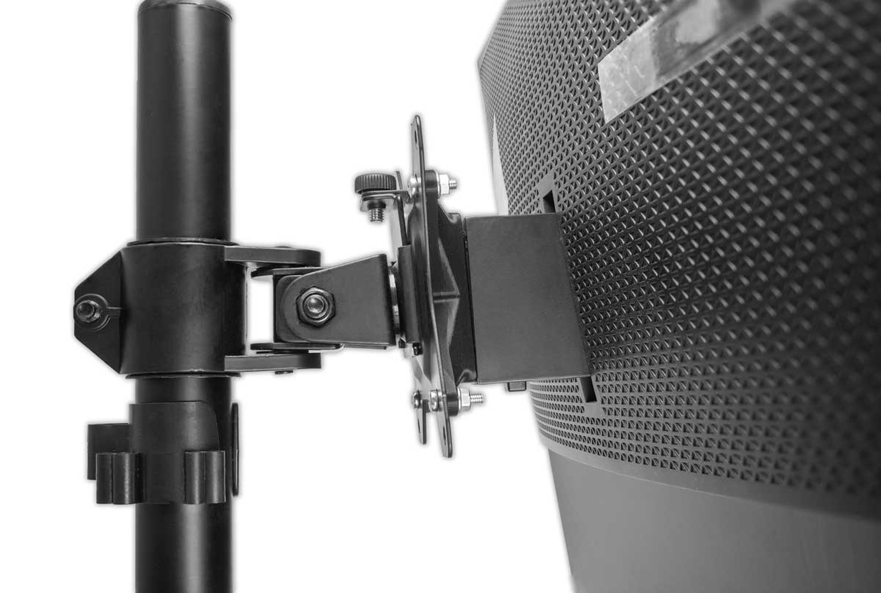Nahaufnahme einer schwarzen Monitorhalterung auf weißer Oberfläche, zeigt den verstellbaren Arm und die Rückseite.