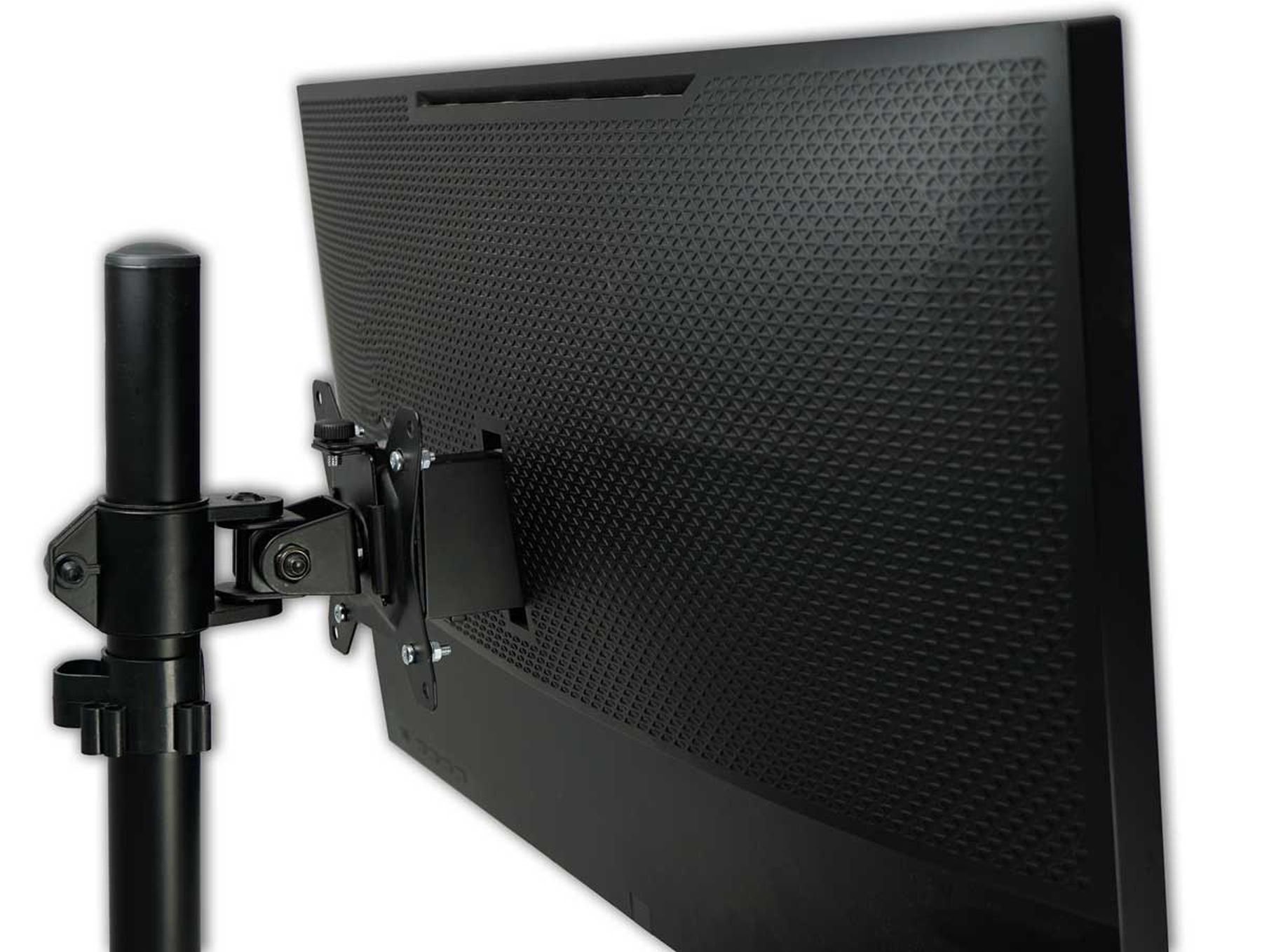 Eine schwarze Monitorhalterung, an einem Monitor befestigt, vor weißem Hintergrund.