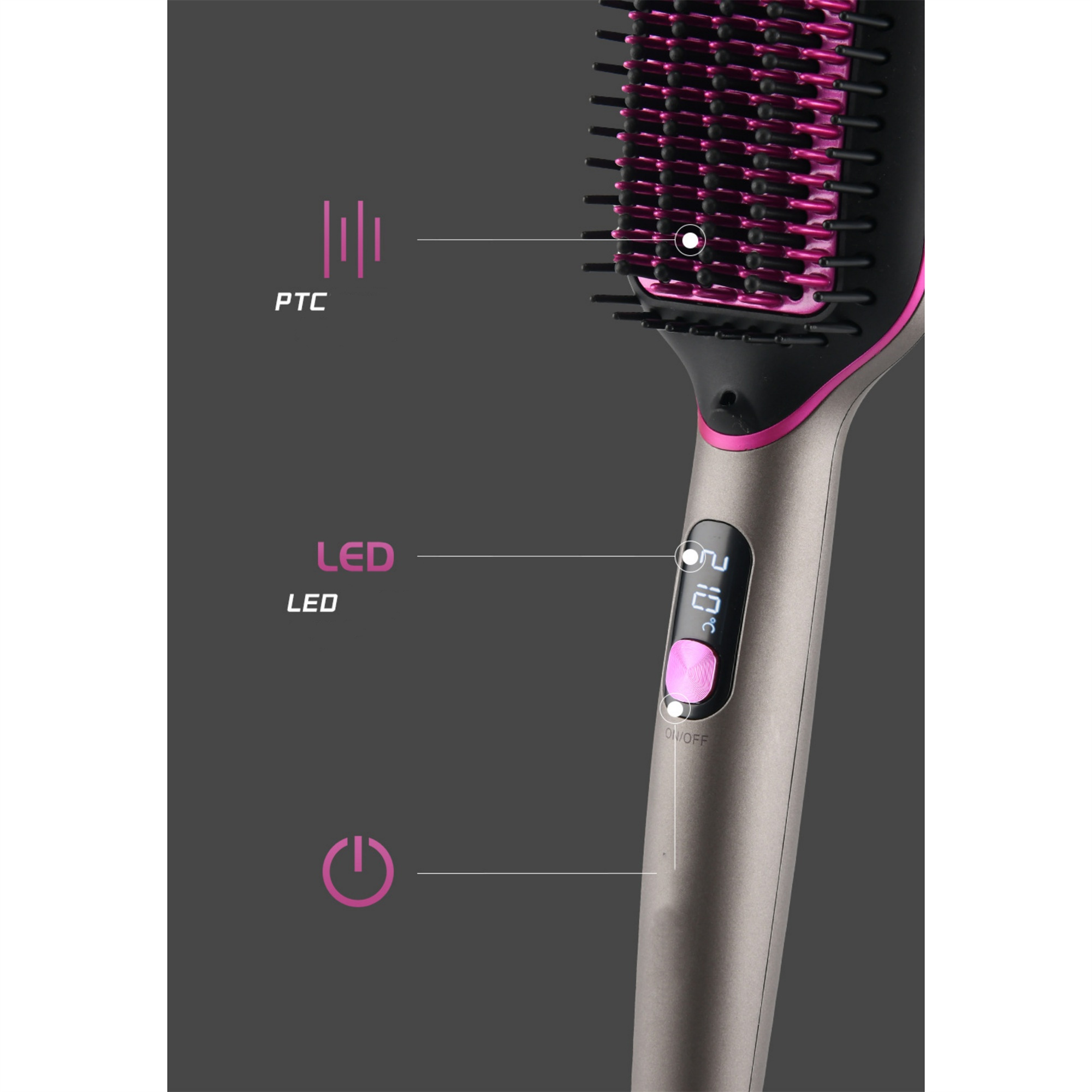 Eine Haarglättungsbürste. Sie ist schwarz und grau, mit rosa Borsten und Digitalanzeige.
