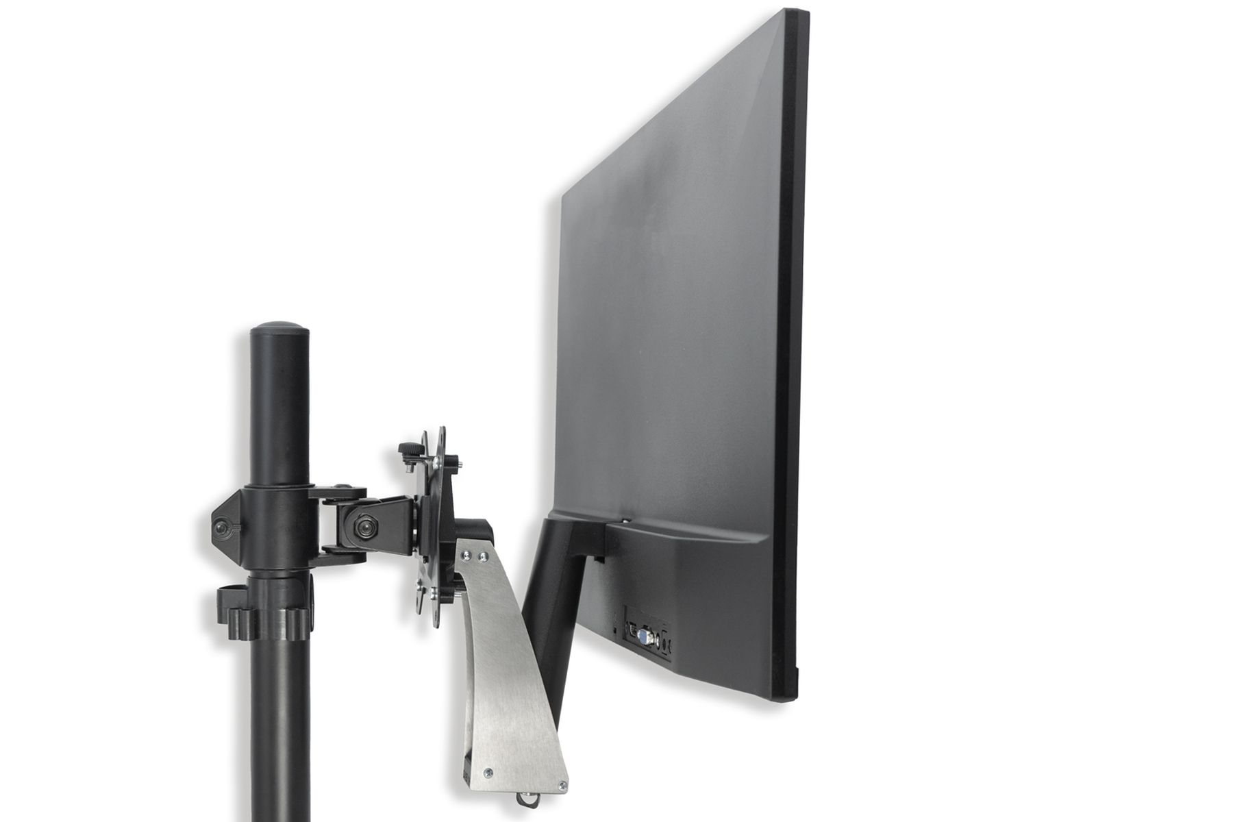 Ein Computermonitor, der an einem schwarzen Ständer befestigt ist. Der Monitor befindet sich auf der rechten Seite und ist zum Betrachter hin abgewinkelt.