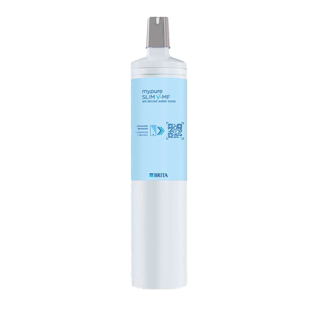 Filtro dell'acqua bianco con etichetta blu, testo e un codice QR, su sfondo bianco.