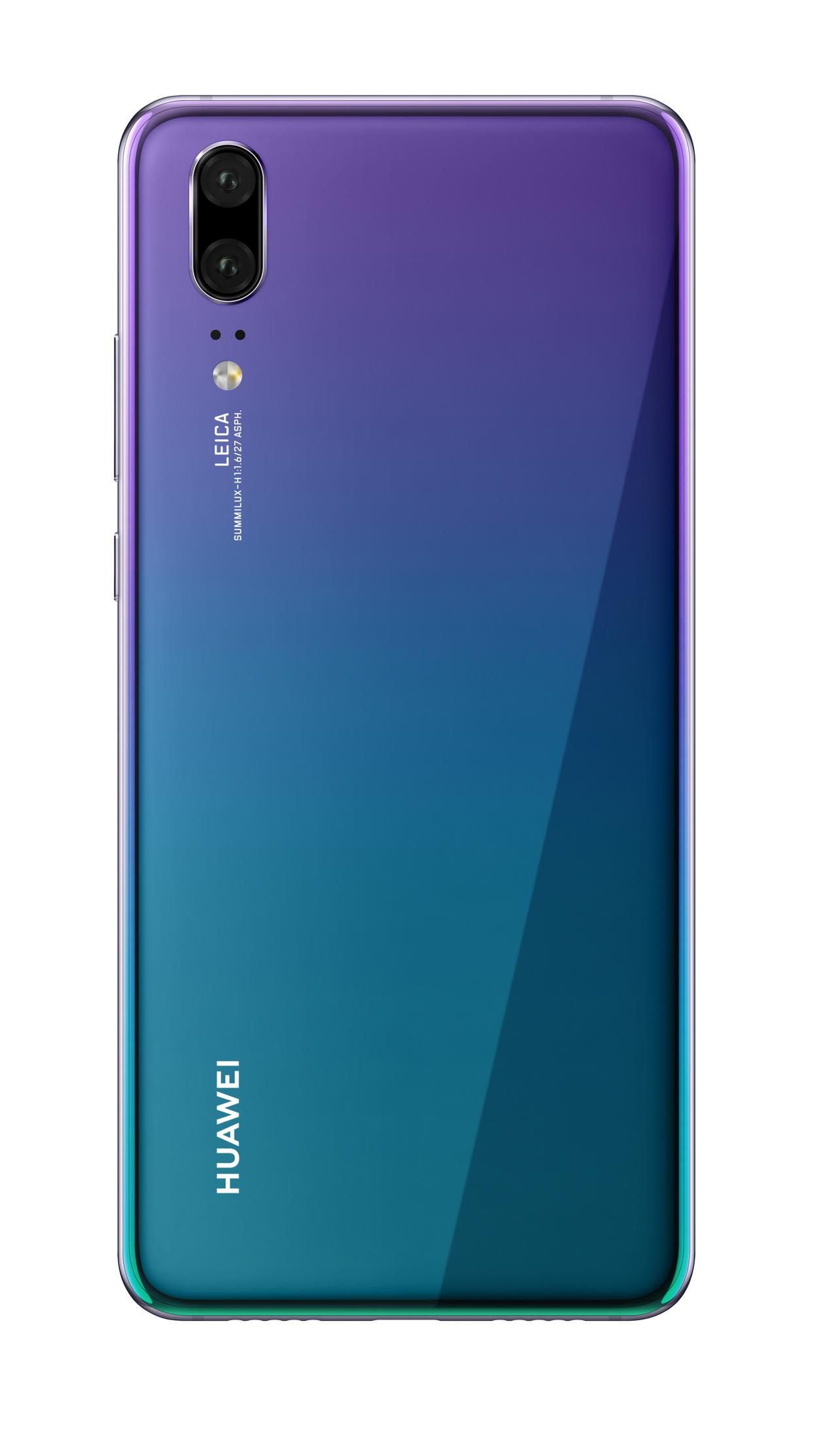 Tył smartfona z gradientem niebiesko-fioletowym, podwójnymi aparatami i logo Leica.