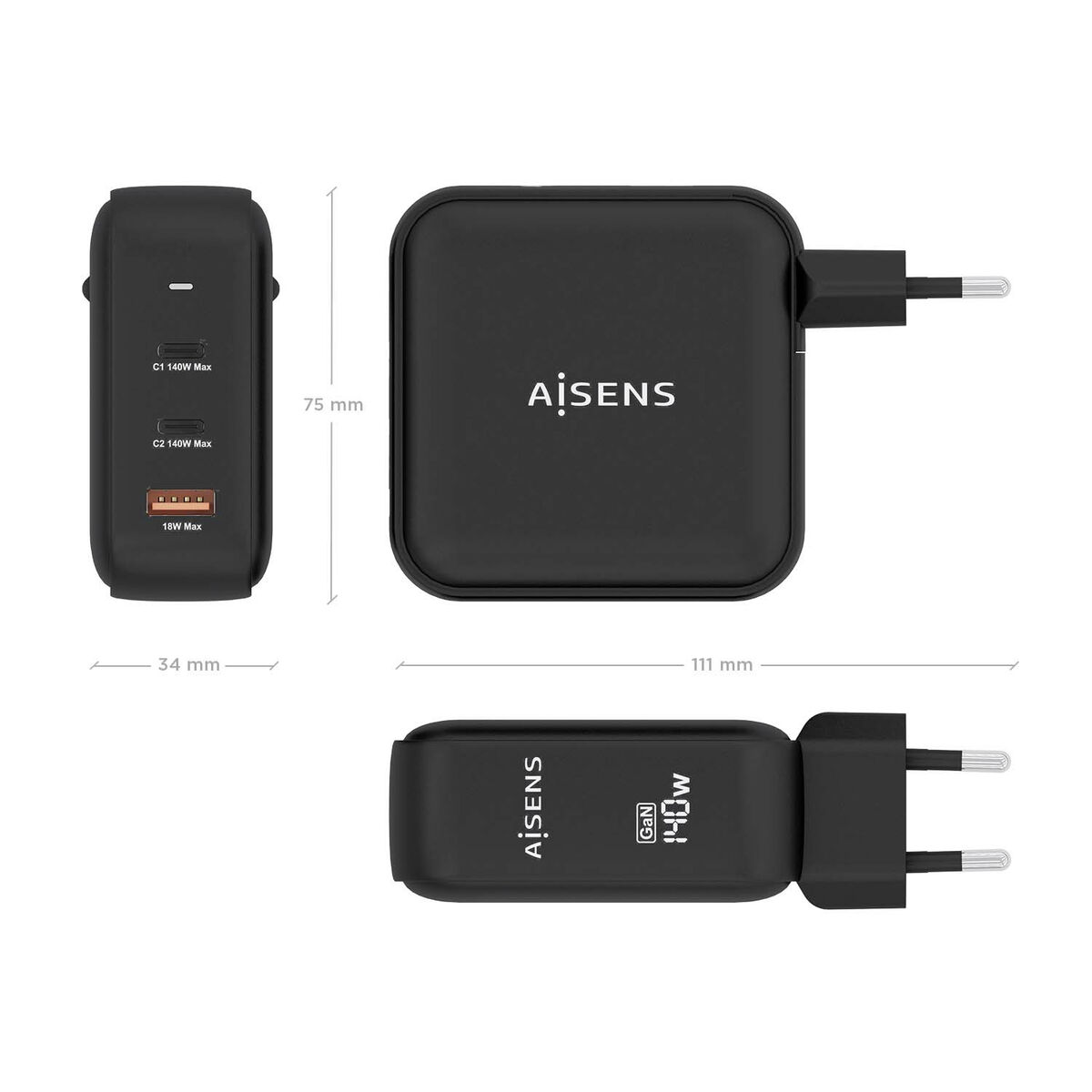 Caricabatterie nero Aisens 140W GaN con dimensioni da varie angolazioni, con porte USB-C e USB-A.