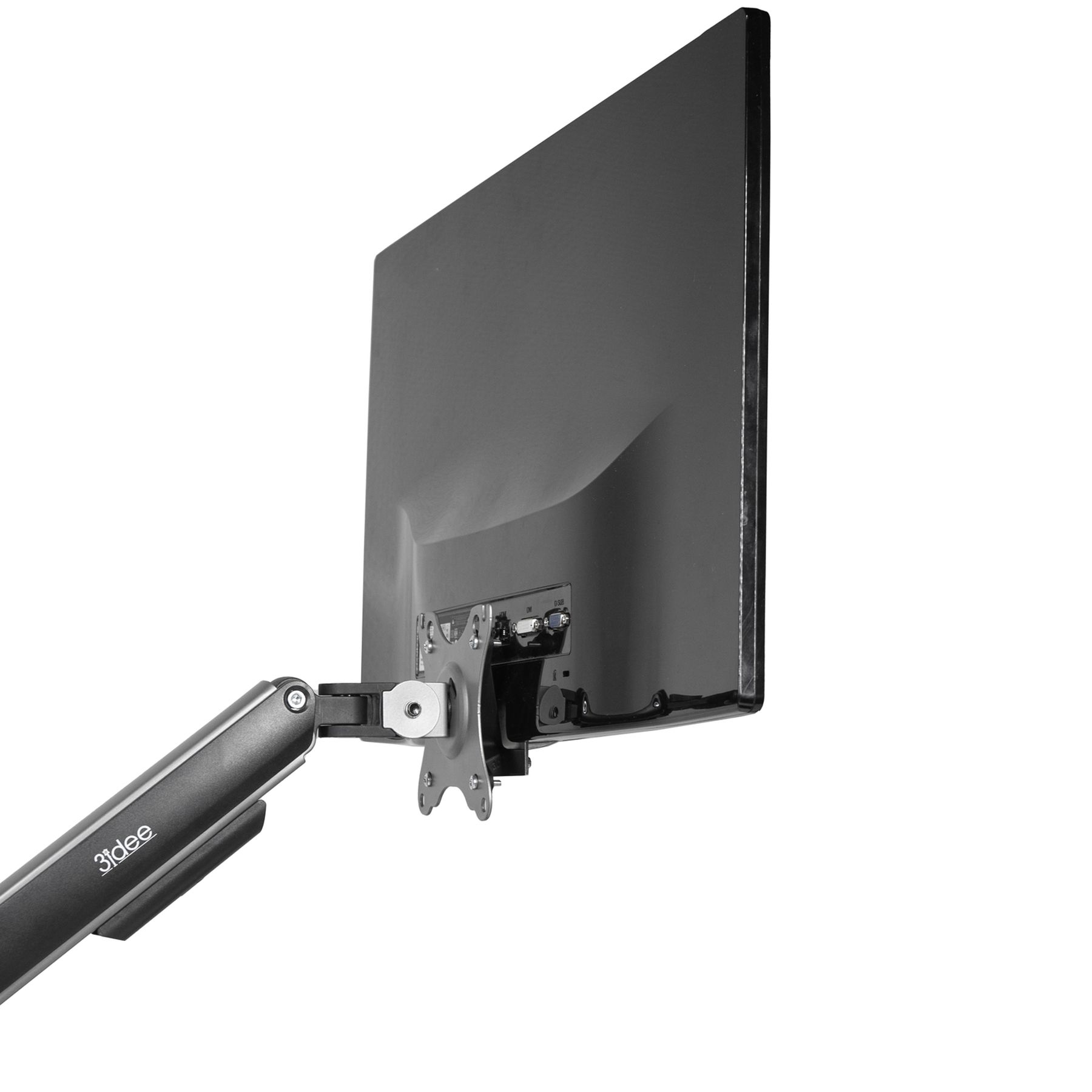 Computer-Monitorhalterung auf weißem Hintergrund. Die Rückseite des Monitors ist sichtbar.