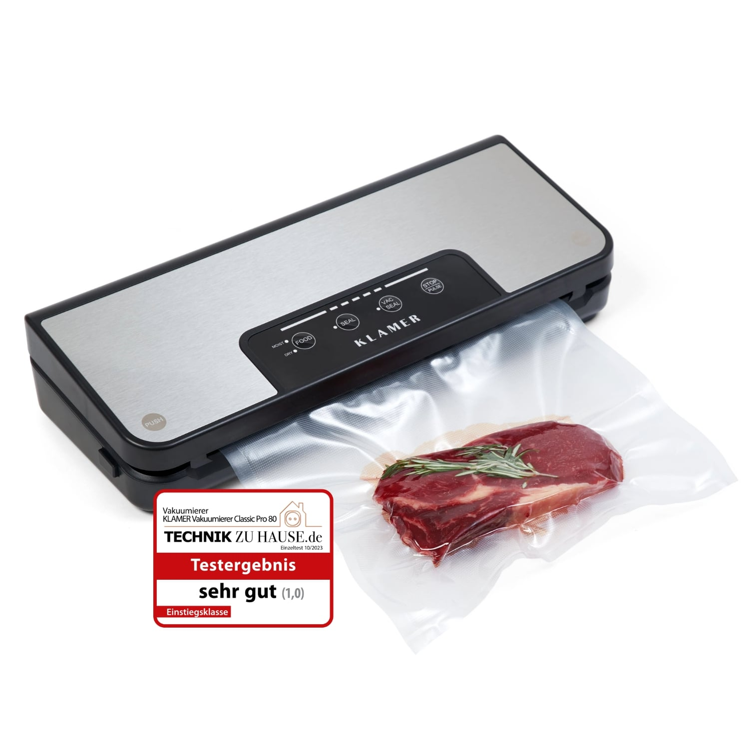 Ein Vakuumiergerät mit einem Steak in einem Plastikbeutel. Text: KLAMER und ein Aufkleber.