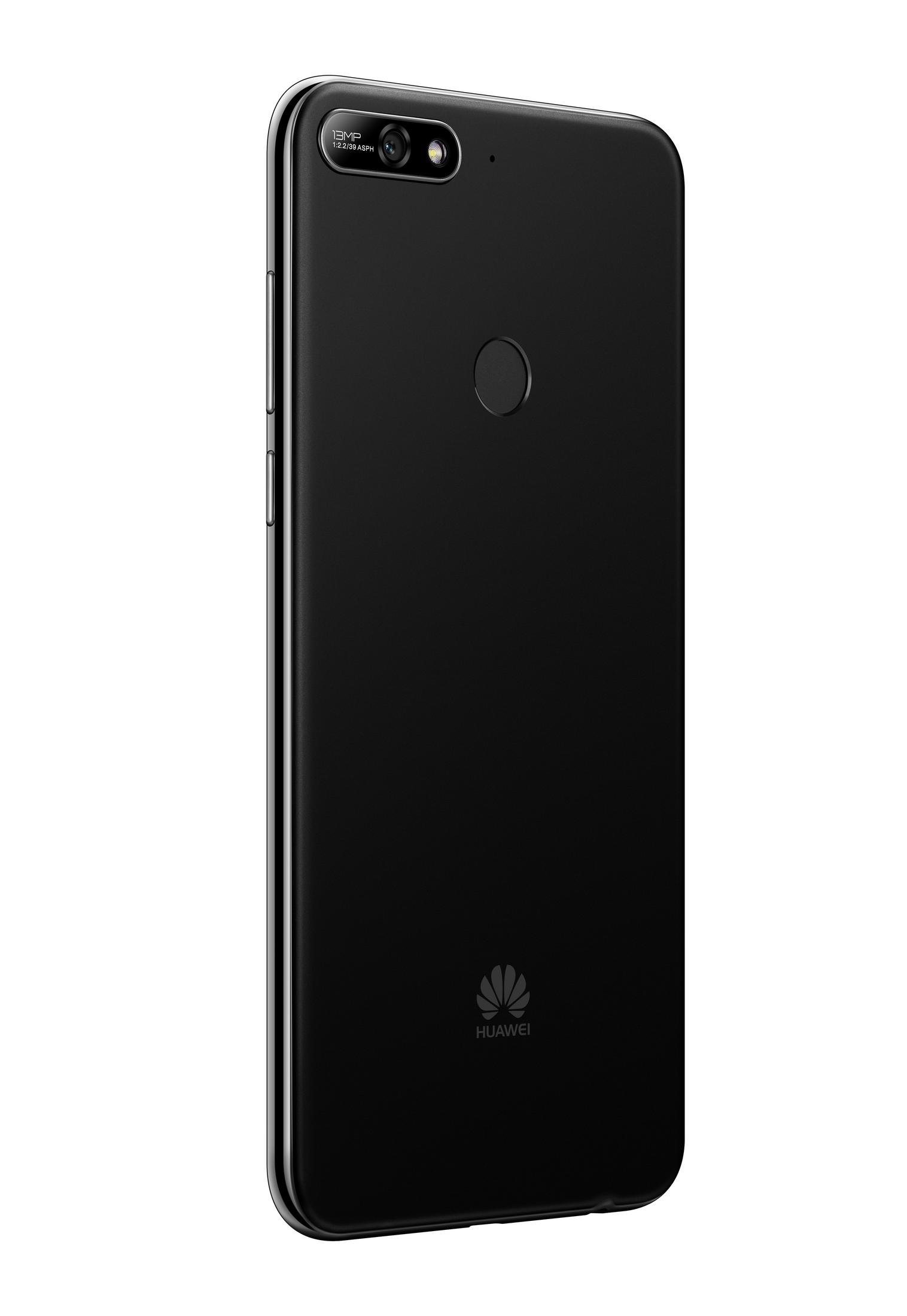 Schwarzes Huawei-Telefon, Rückansicht. Mit Kamera, Fingerabdrucksensor und Huawei-Logo.