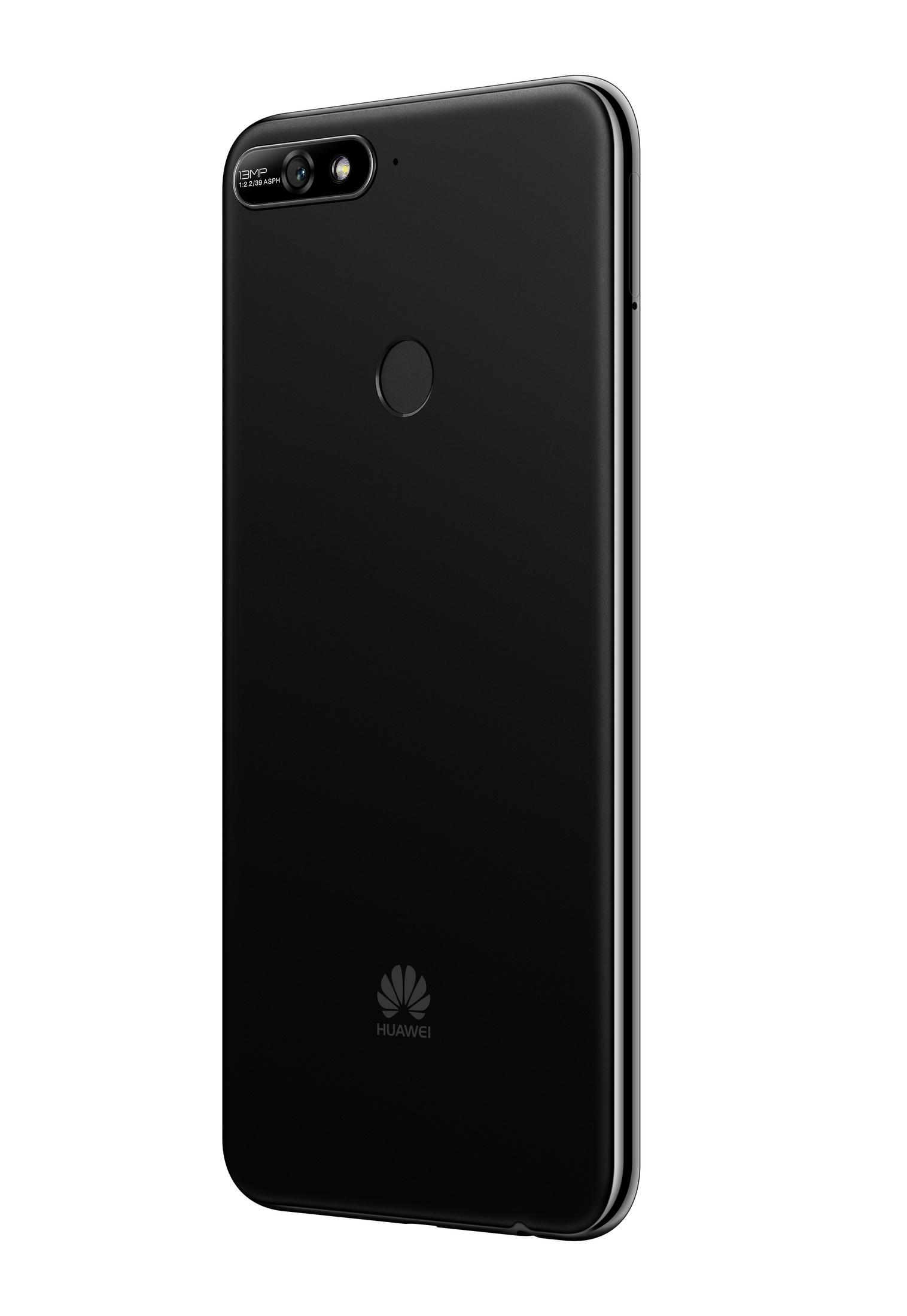 Schwarzes Smartphone auf weißem Hintergrund, mit Dual-Kamera und Huawei-Logo.