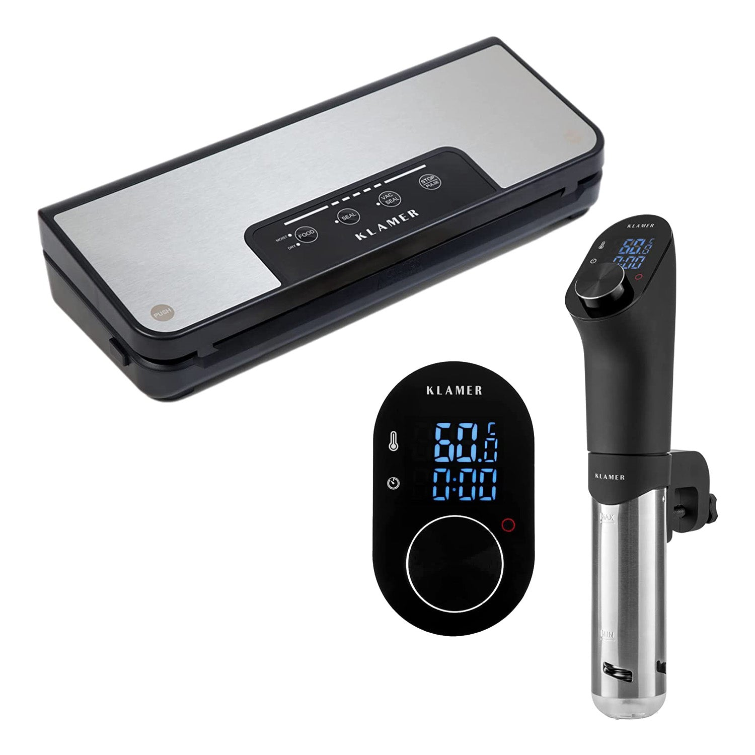 Sous-Vide-Gerät mit Versiegeler und Thermometer, alles auf weißem Hintergrund.