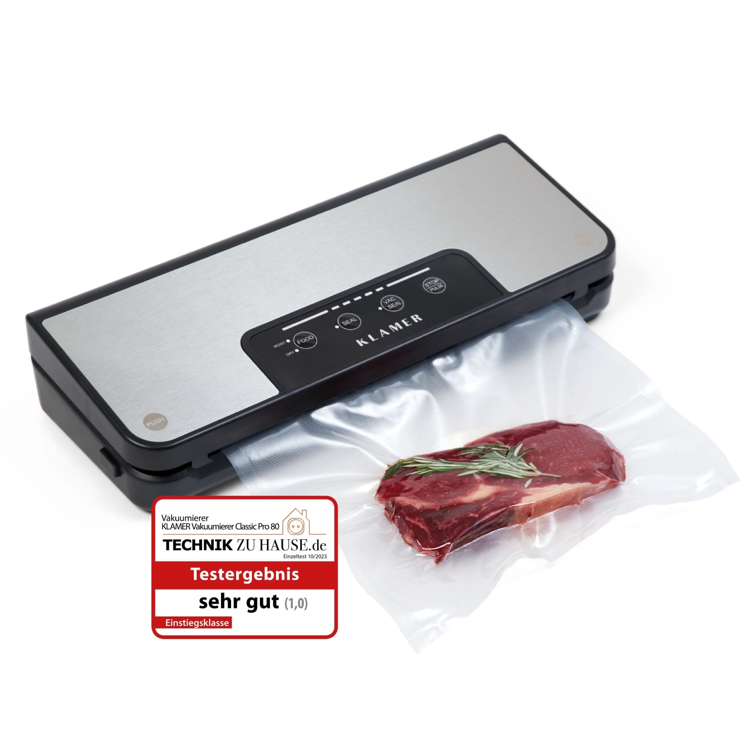 Ein Vakuumiergerät mit einem Stück rohem Fleisch in einem vakuumversiegelten Beutel.