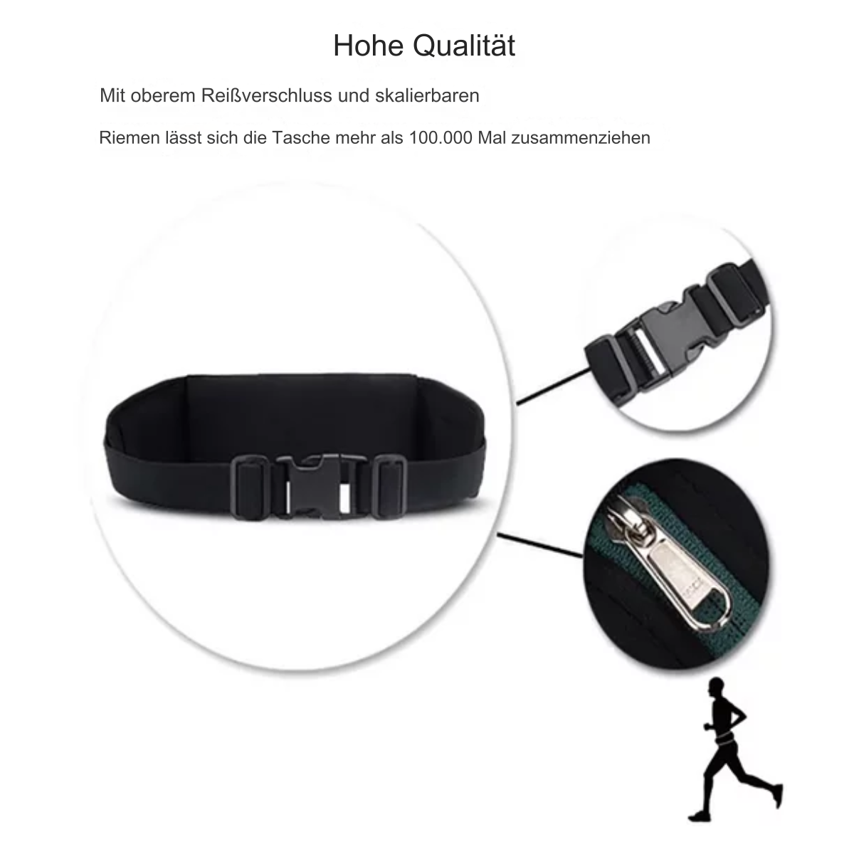 Schwarze Hüfttasche mit Schnallen und Reißverschluss. Text: Hohe Qualität.