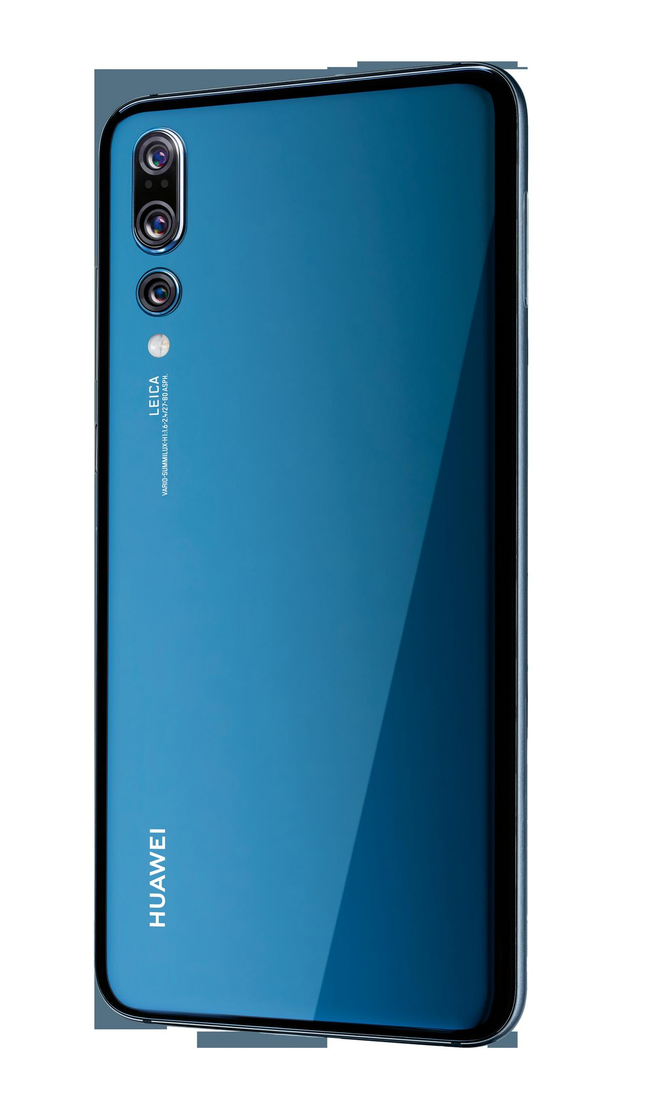 Tył niebieskiego telefonu z aparatem i logo Leica i Huawei.