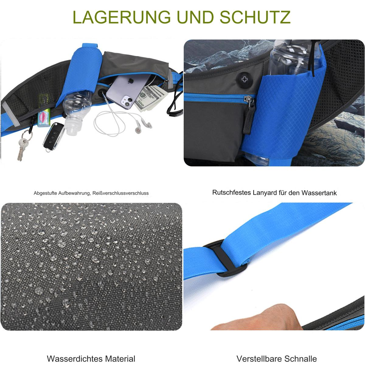 Eine Collage von Bildern, die eine Bauchtasche mit Taschen, einem Wasserflaschenhalter und wasserabweisendem Material zeigen.