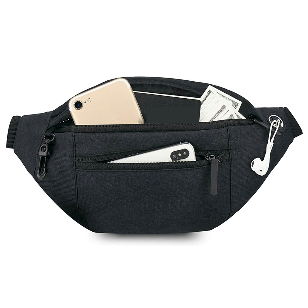 Schwarze Bauchtasche geöffnet. Enthält ein Telefon, Bargeld, ein Telefon und Kopfhörer.