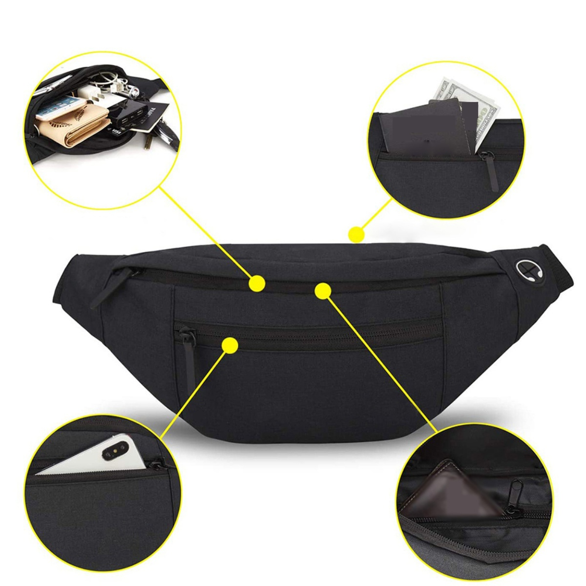 Eine schwarze Bauchtasche geöffnet mit Inhalt: Geldbörse, Schlüssel, Telefon und Bargeld.