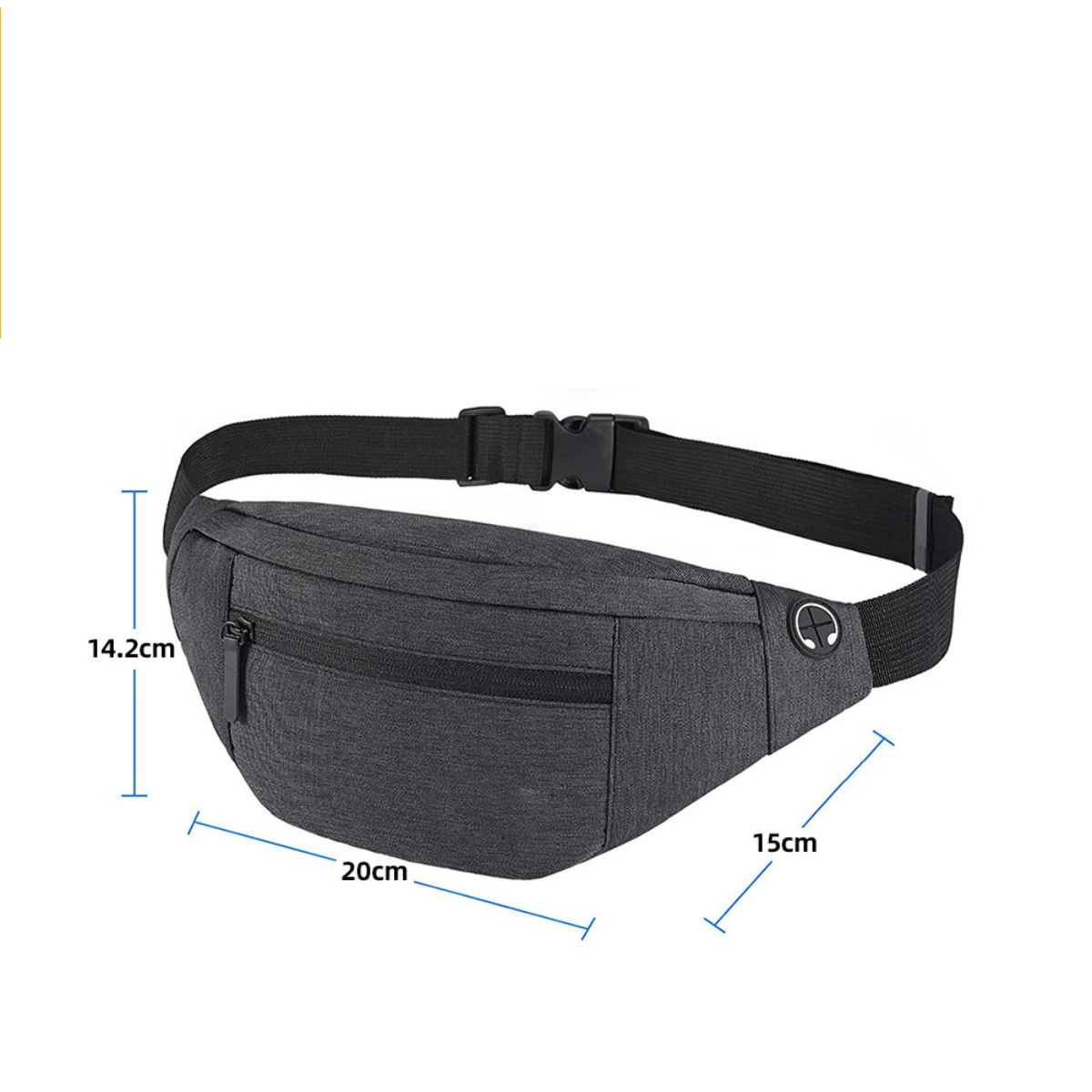Graue Bauchtasche mit schwarzem Riemen, Maße angegeben. Fronttasche mit Reißverschluss und Schnallenverschluss.
