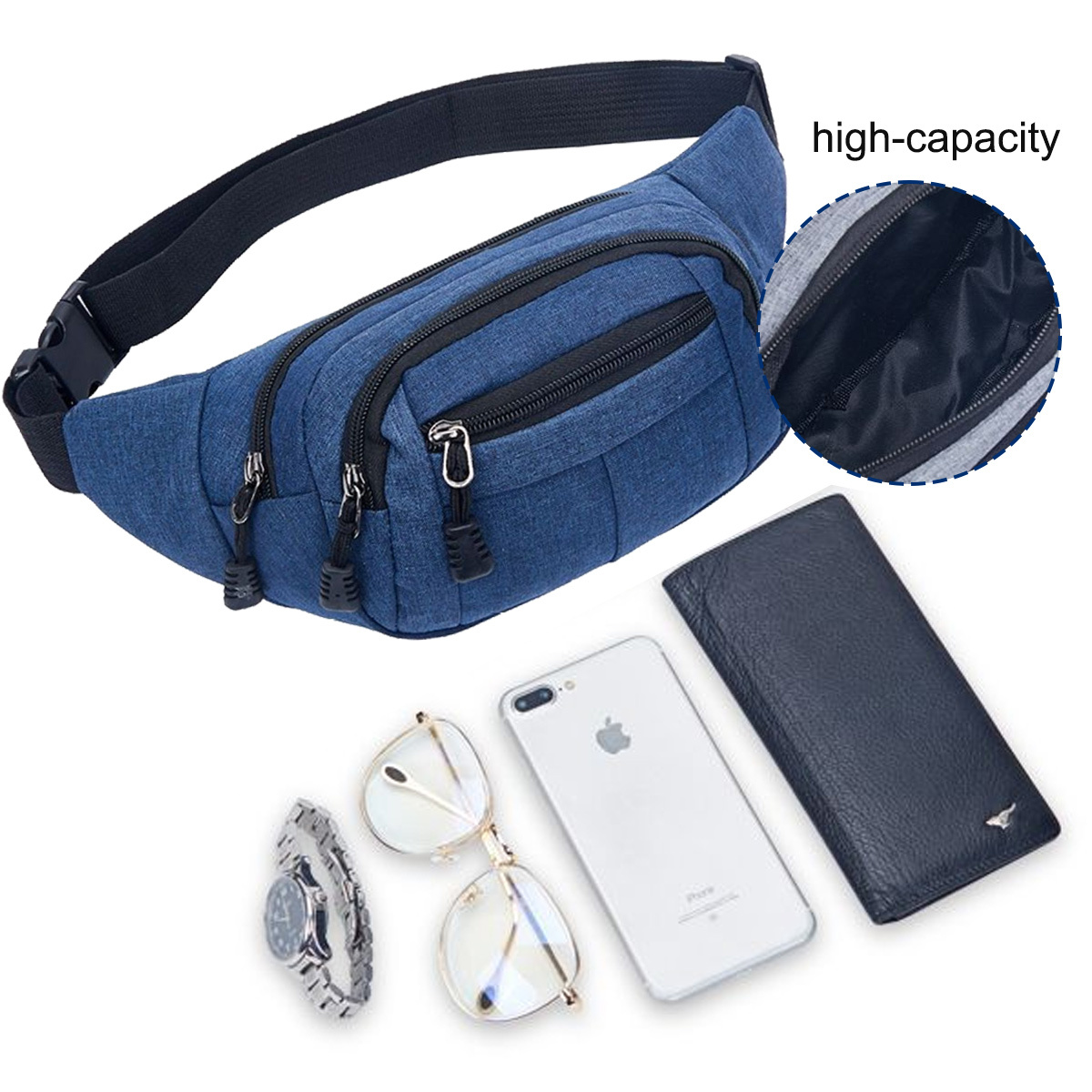 Blaue Bauchtasche mit Geldbörse, Telefon, Brille und Uhr auf Weiß.