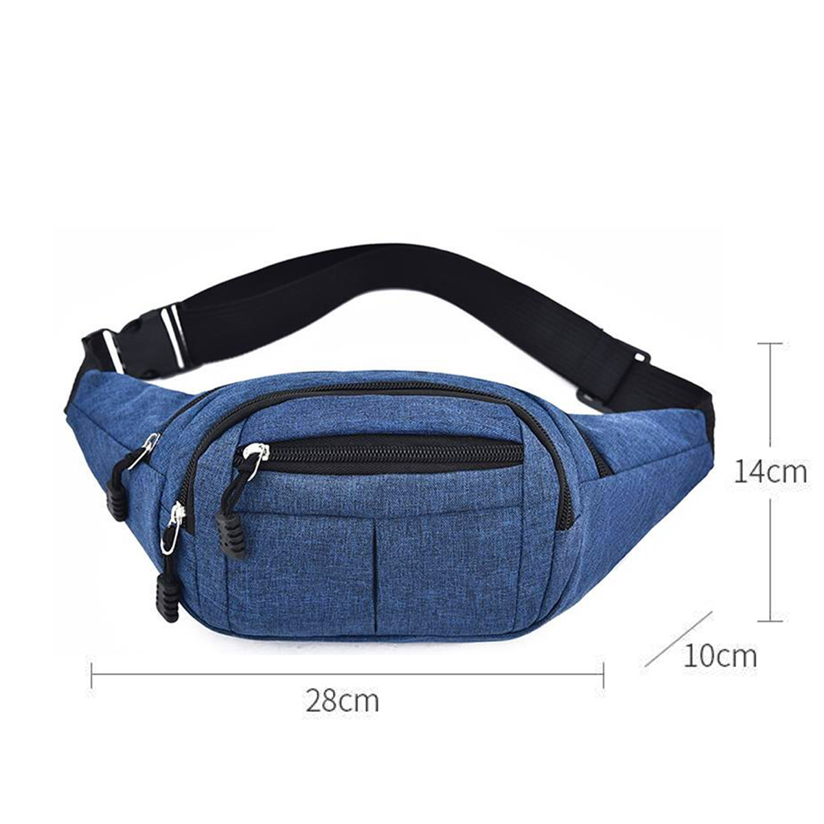 Blaue Bauchtasche mit schwarzem Reißverschluss und verstellbarem Riemen, mit Maßen.