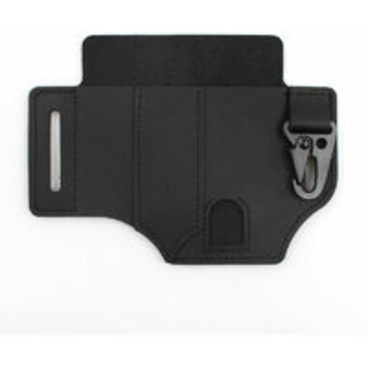 Eine schwarze Lederholster mit Gürtelschlaufe und Metallclip. Die Holster ist offen.