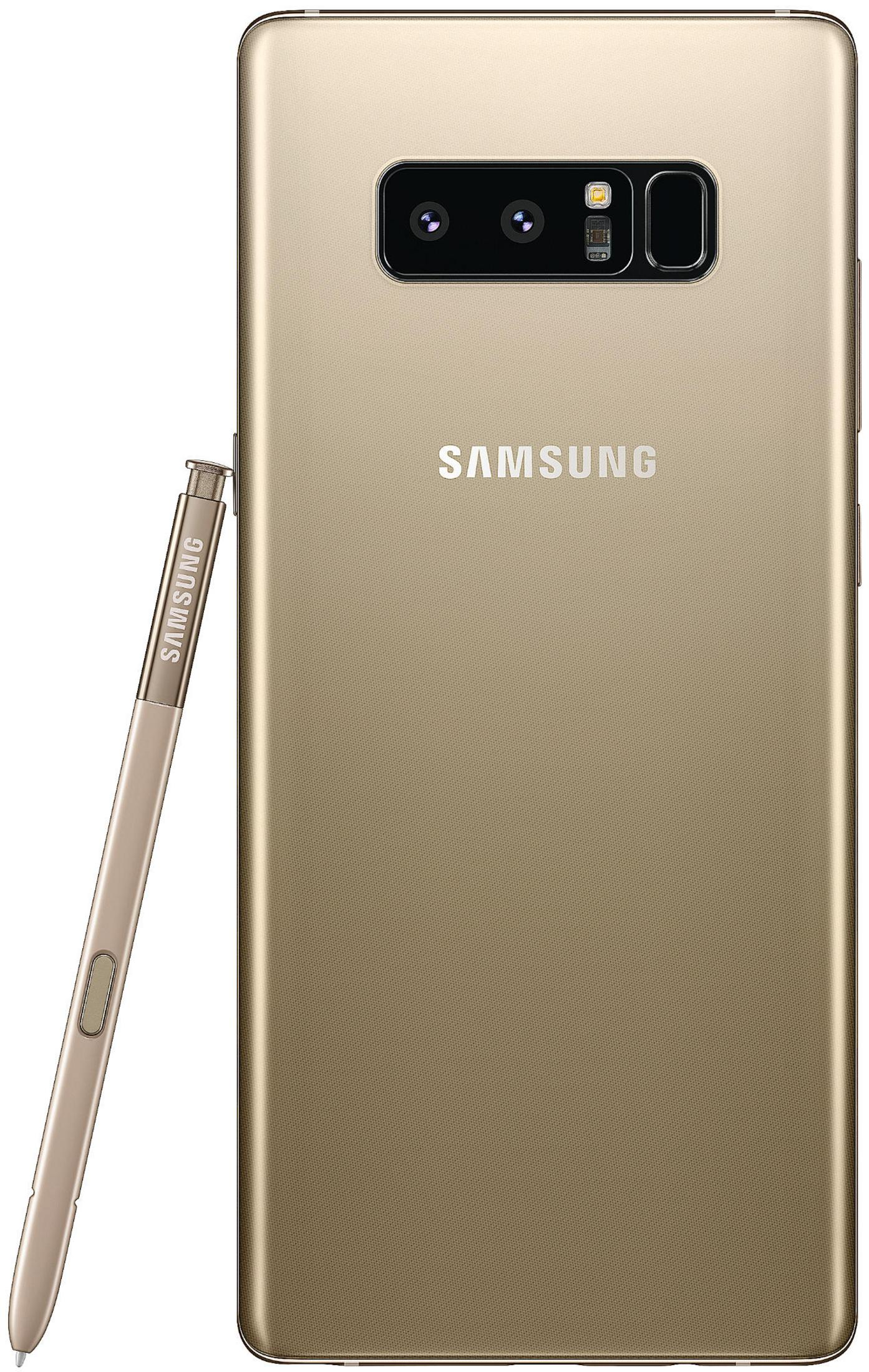 Goldenes Samsung-Telefon, Rückansicht, mit Stift. Verfügt über Dual-Kameras und Samsung-Logo.