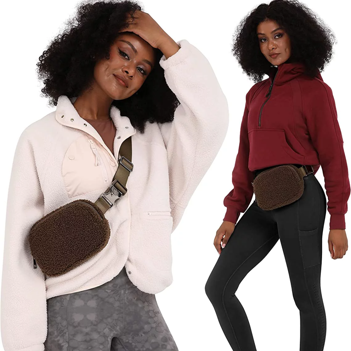 Zwei Frauen mit Bauchtaschen. Eine in weißer Jacke, die andere in weinrotem Kapuzenpullover, mit Leggings.