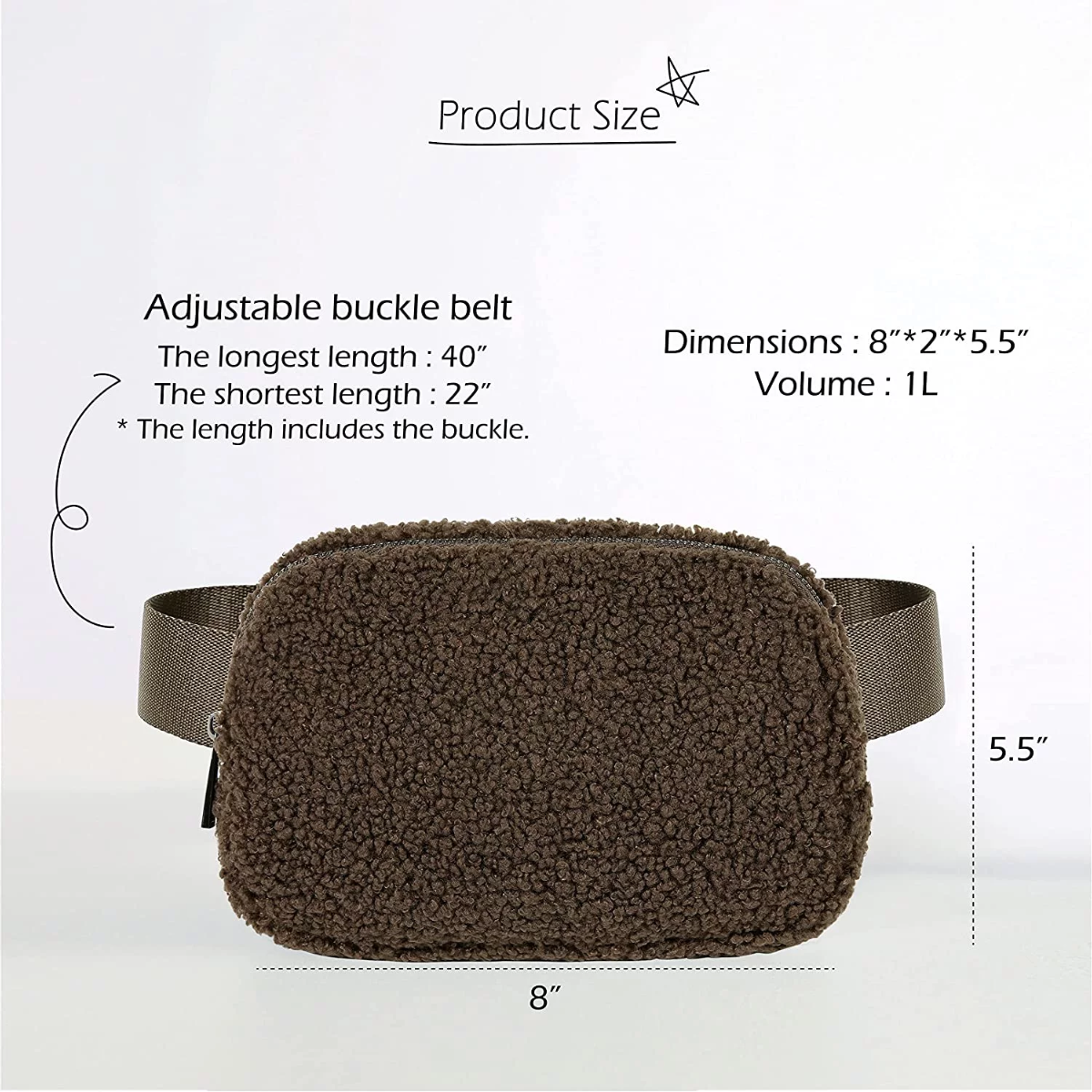 Braune, flauschige Tasche mit verstellbarem Gürtel. Abmessungen und Volumen werden mit Maßen angezeigt.