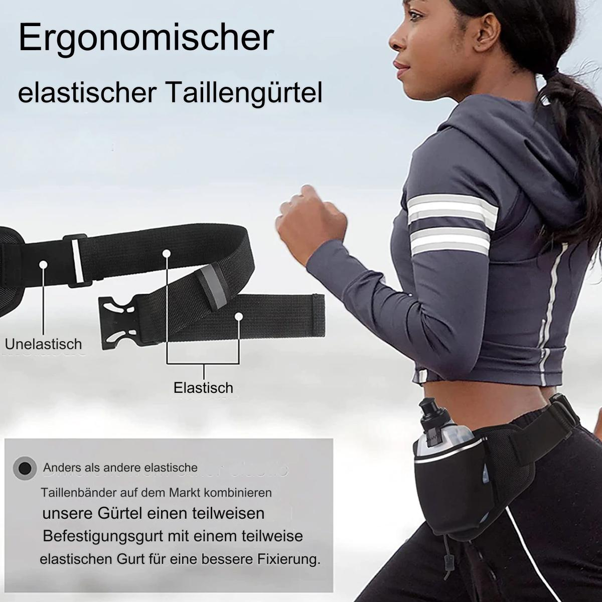 Frau läuft mit einem Gürtel um die Taille, mit dem Wort 'Elastisch' darauf.