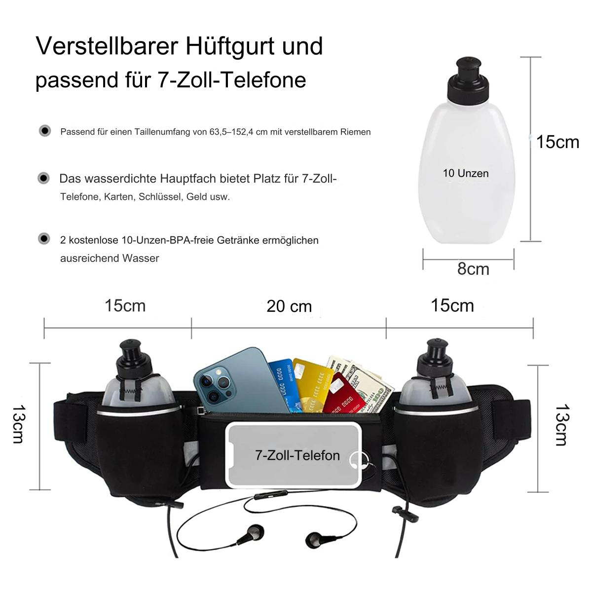 Eine schwarze Bauchtasche mit zwei Wasserflaschen, einem Telefon, Karten und Kopfhörern, mit Maßangaben.