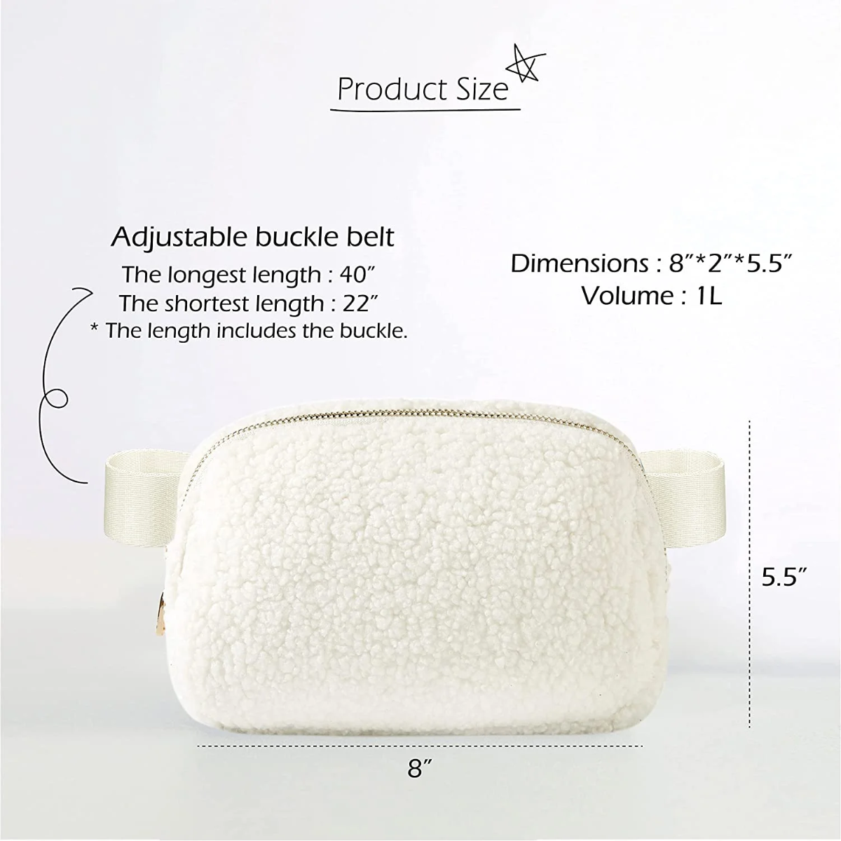 Weiße Bauchtasche mit Maßen und Details zum verstellbaren Gurt.