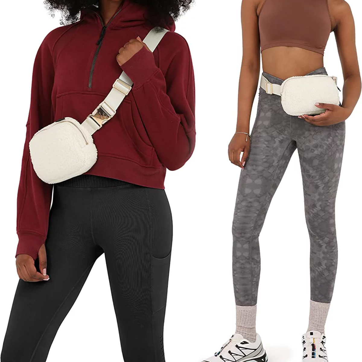 Zwei Frauen mit Taschen, eine mit rotem Hoodie und schwarzer Leggings, andere mit grauer Leggings.