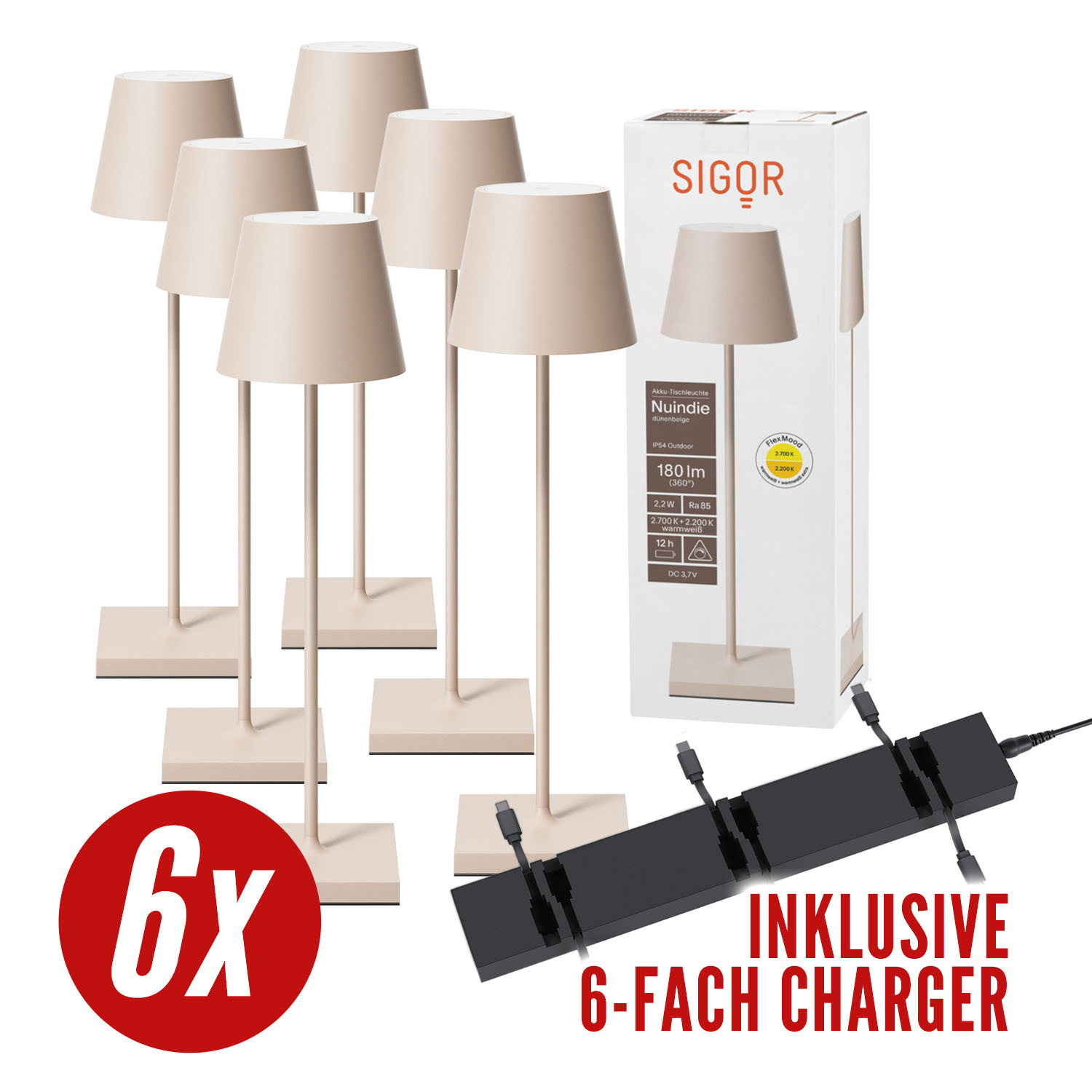 Ein Set beiger Lampen mit Ladegerät. Die Lampen stehen auf quadratischen Basen.
