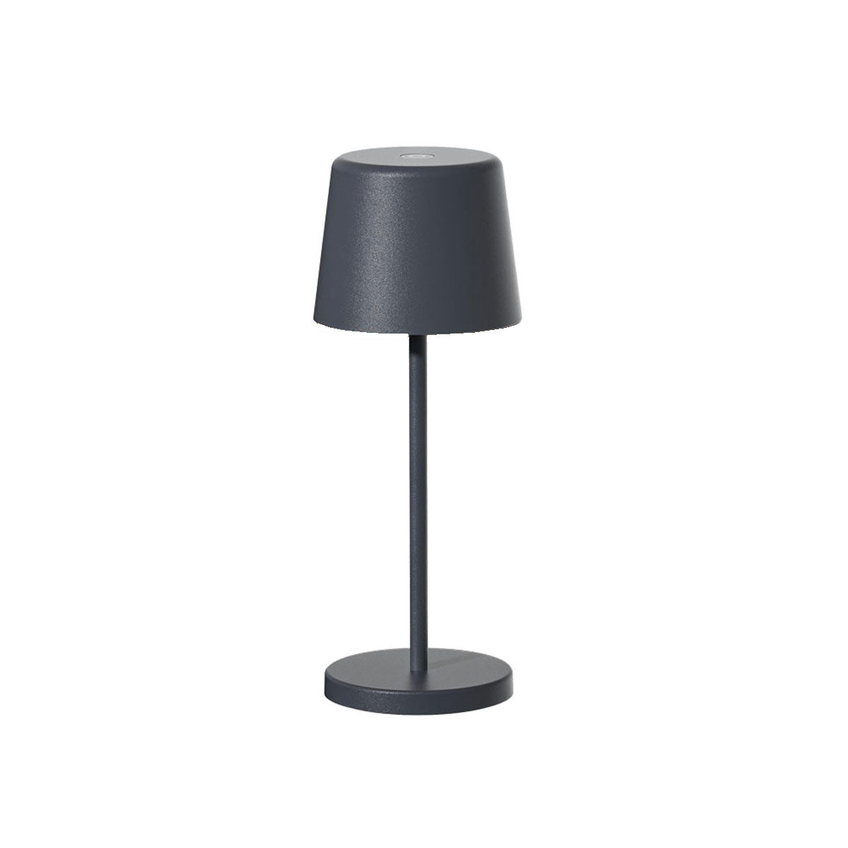 Eine dunkelgraue Lampe mit konischem Schirm und rundem Fuß, isoliert.